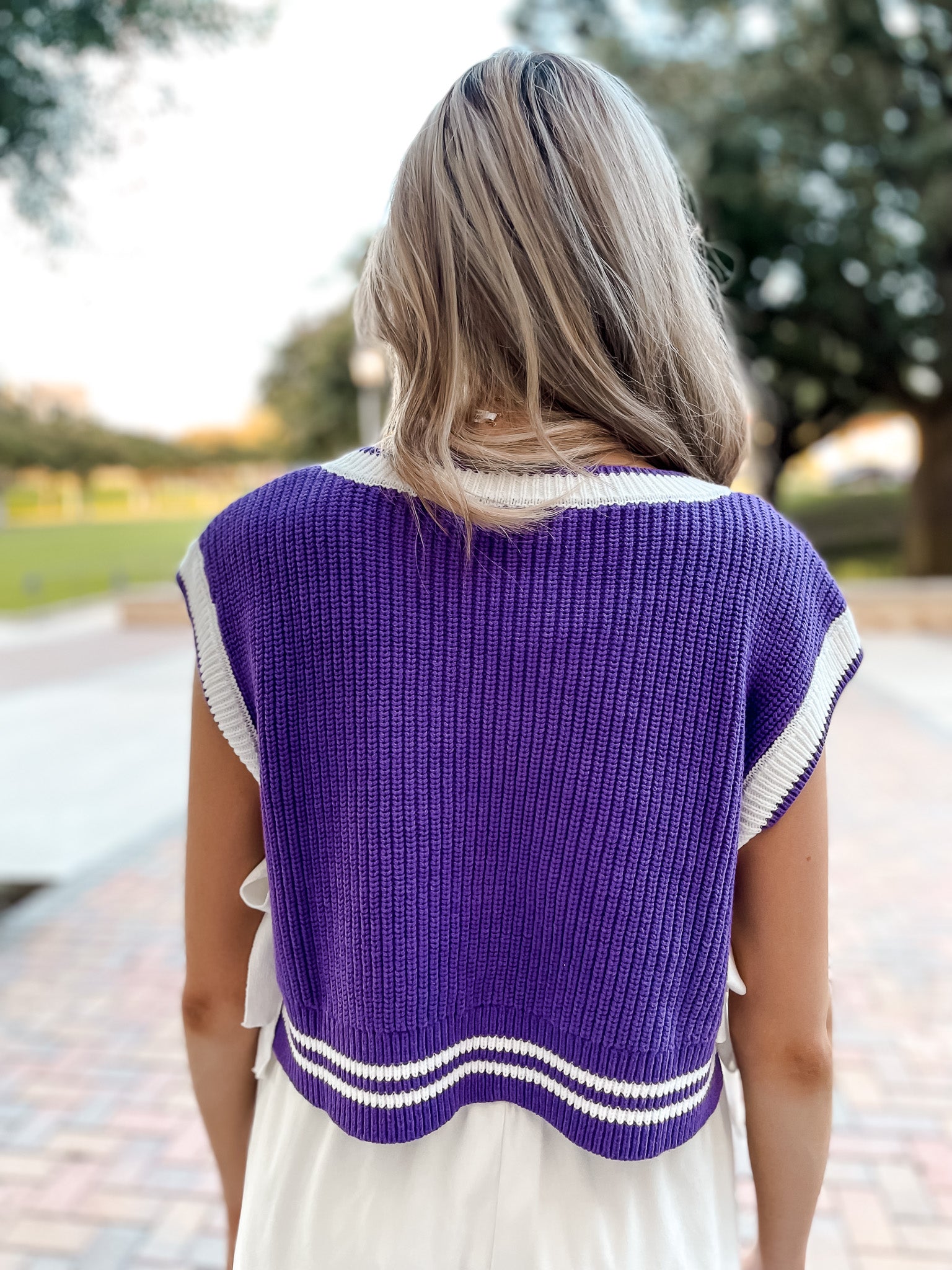 Contrast Stripe Bow Sweater - Purple