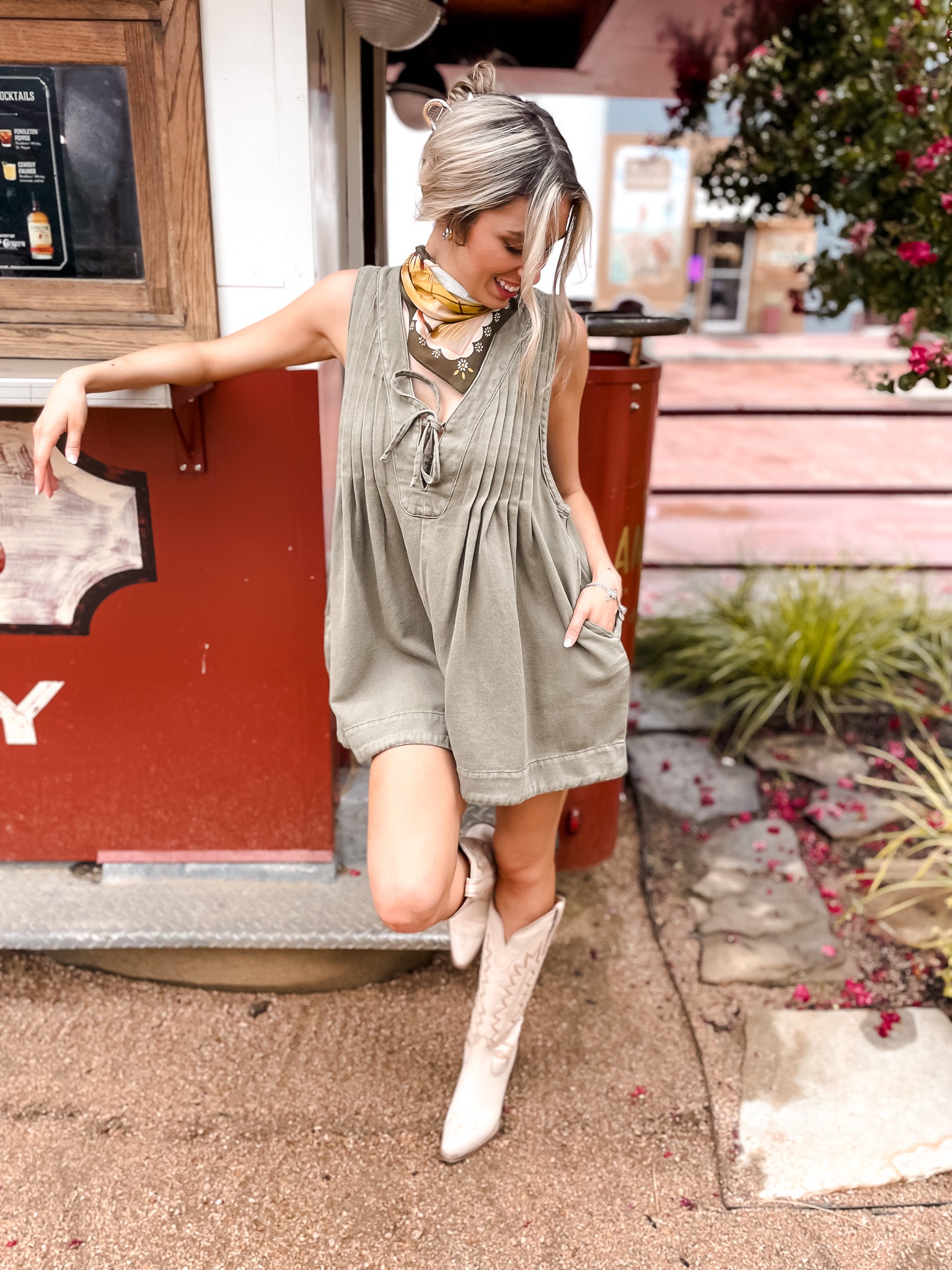 Pleated Denim Romper - Olive