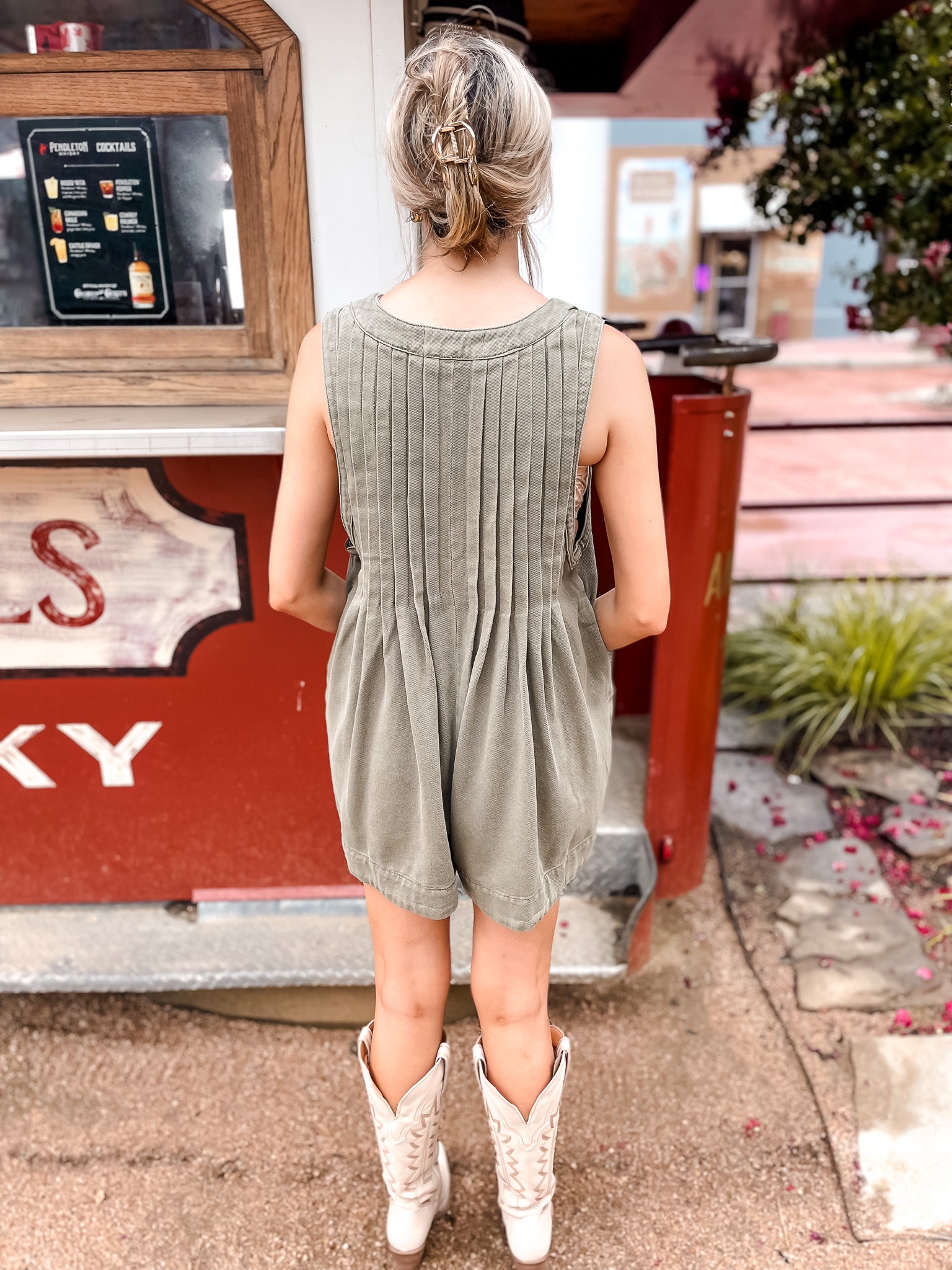 Pleated Denim Romper - Olive