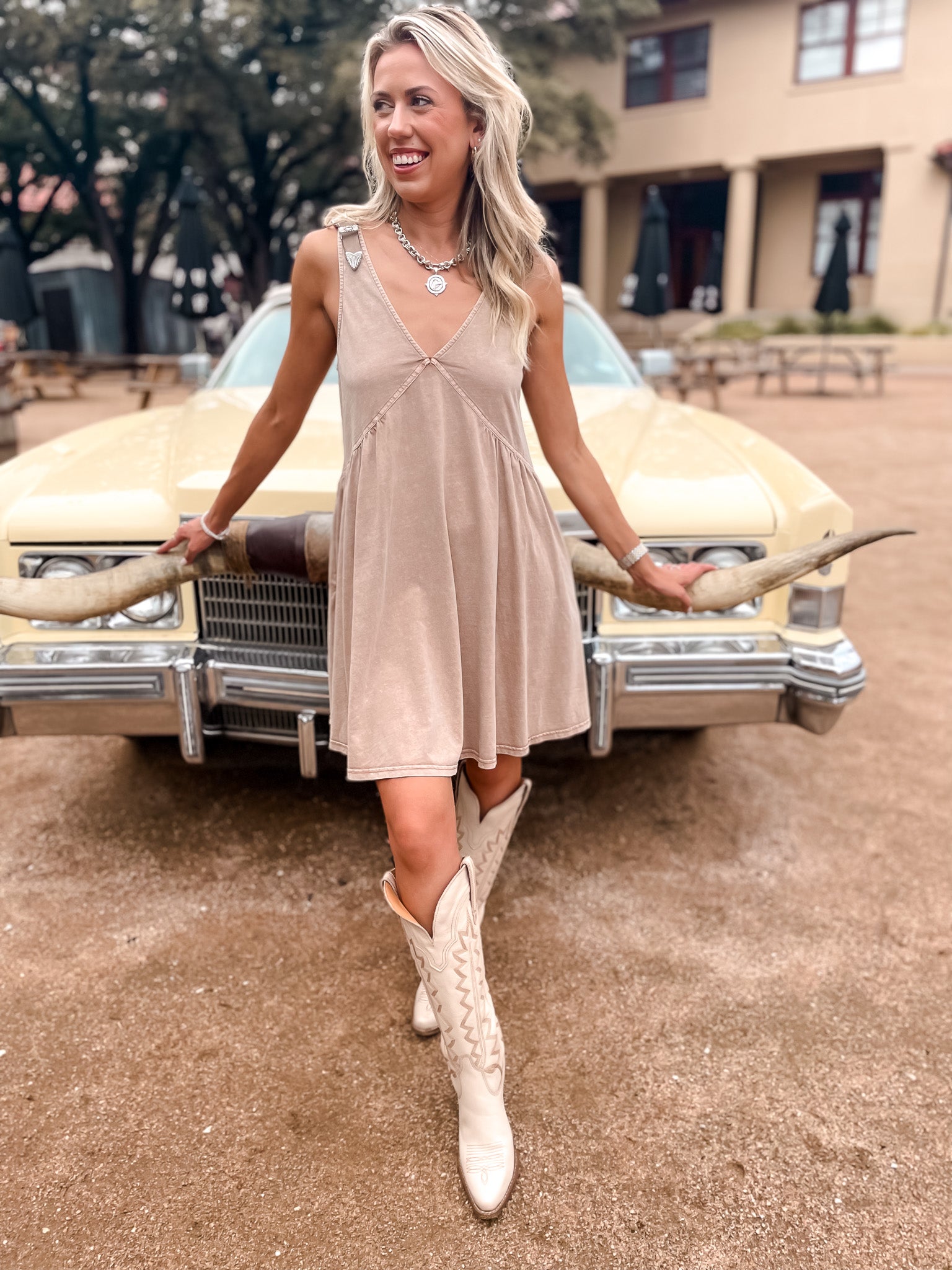 V-Neck Buckle Babydoll Dress - Taupe