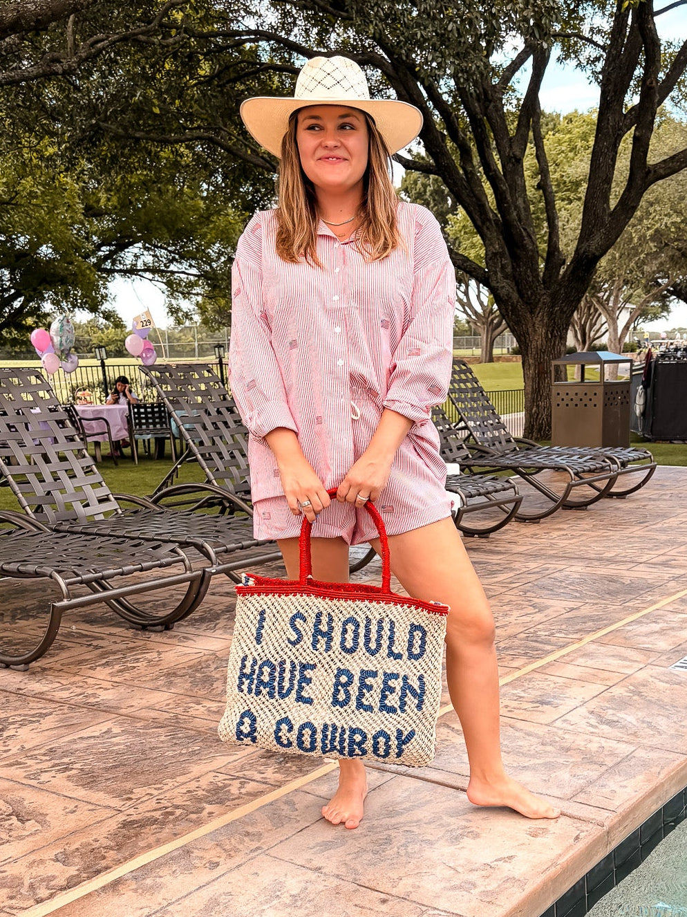 Shoulda Been A Cowboy Jute Tote - Navy/Red
