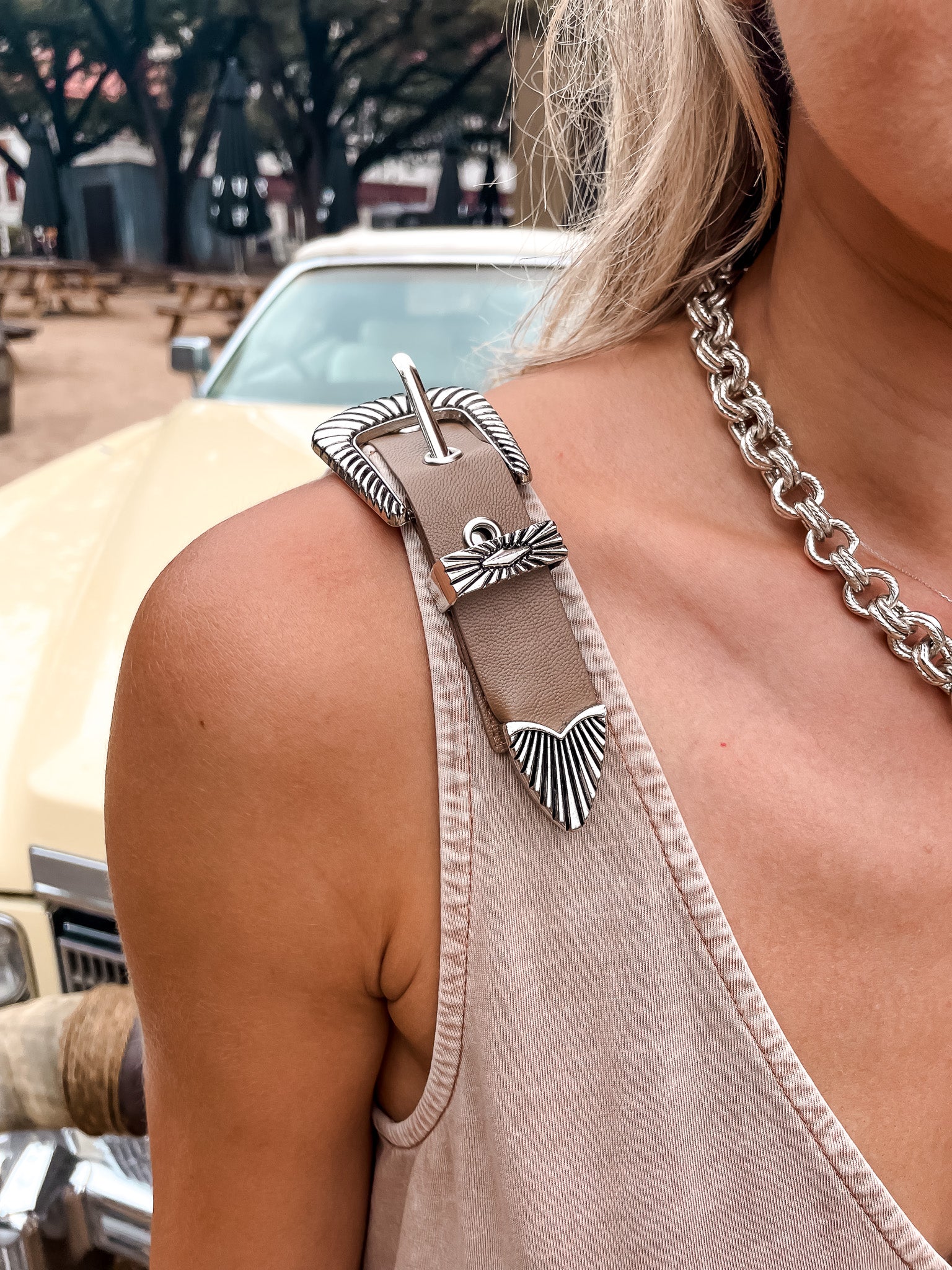 V-Neck Buckle Babydoll Dress - Taupe