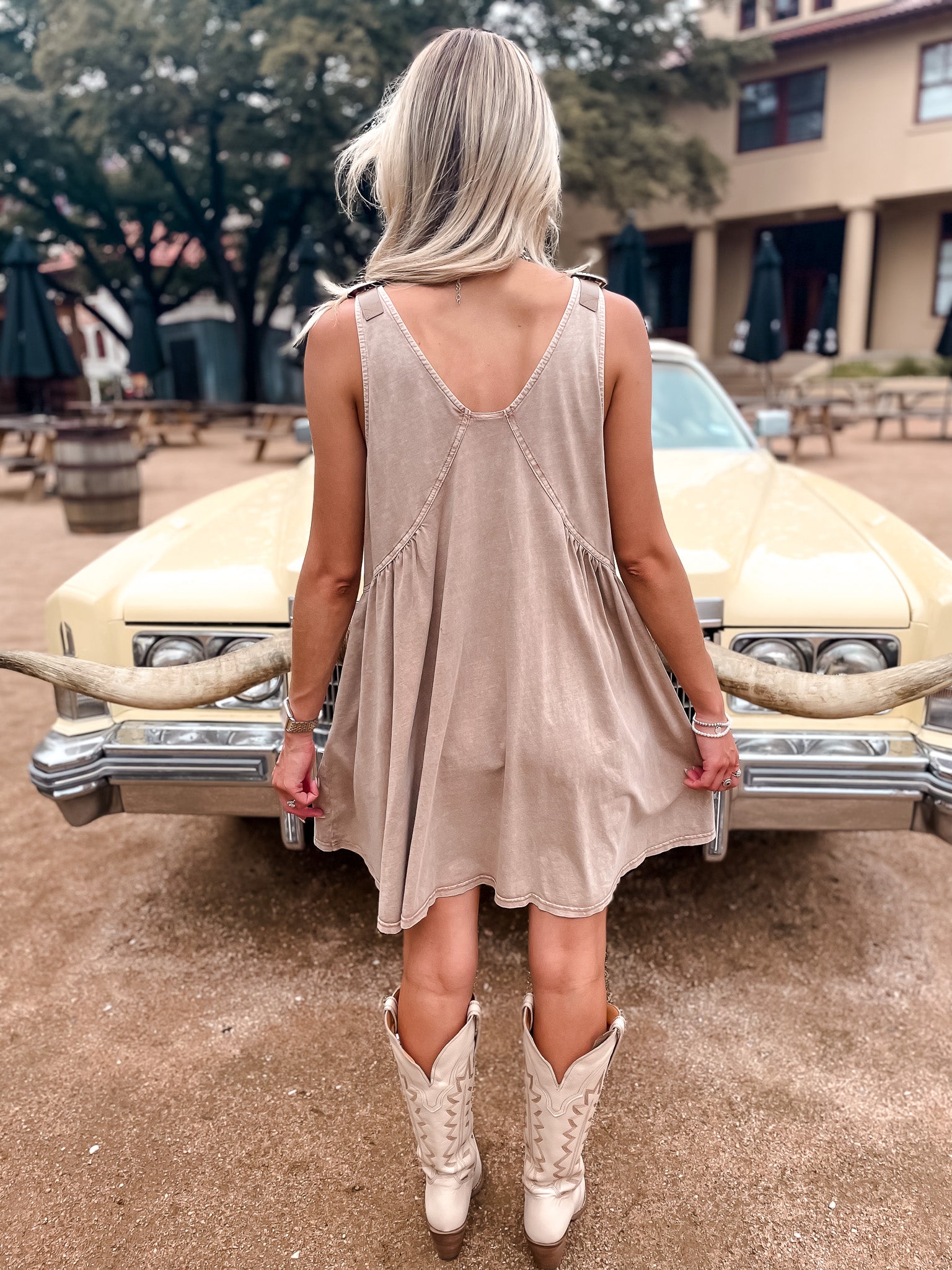 V-Neck Buckle Babydoll Dress - Taupe