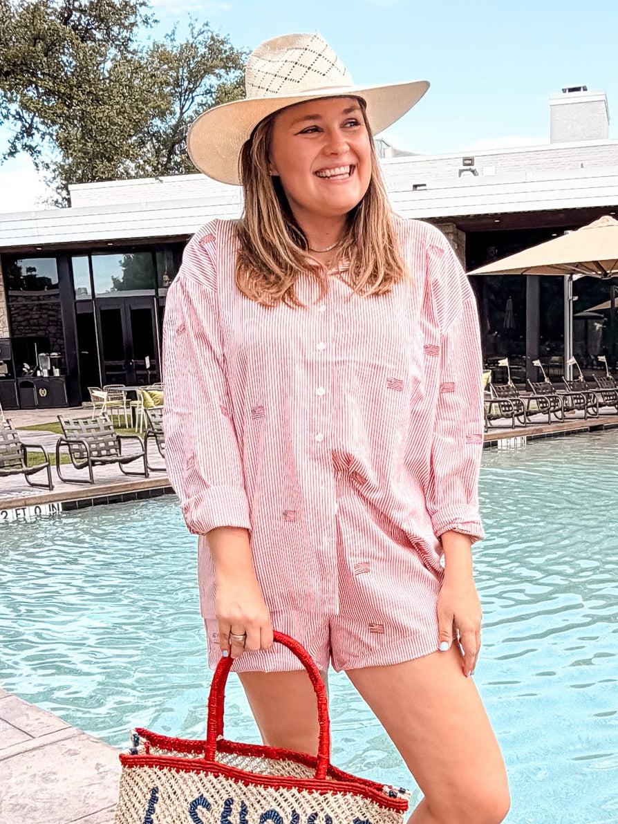 Flag Embroidered Button Up Shirt - Red