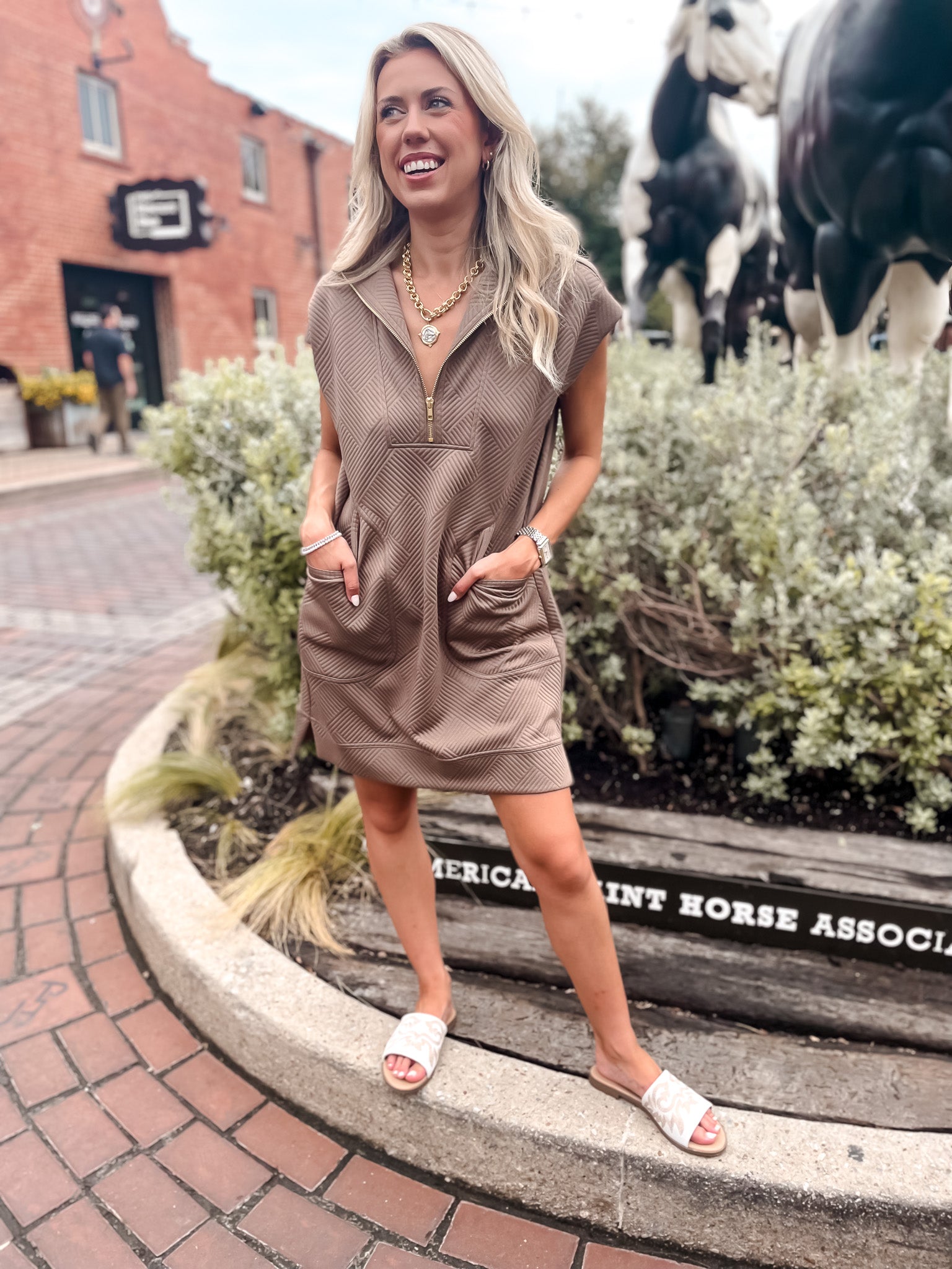Embossed Zip Up Dress - Taupe