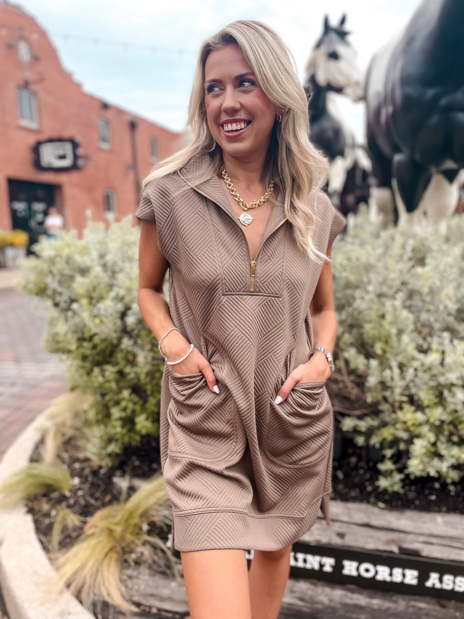 Embossed Zip Up Dress - Taupe