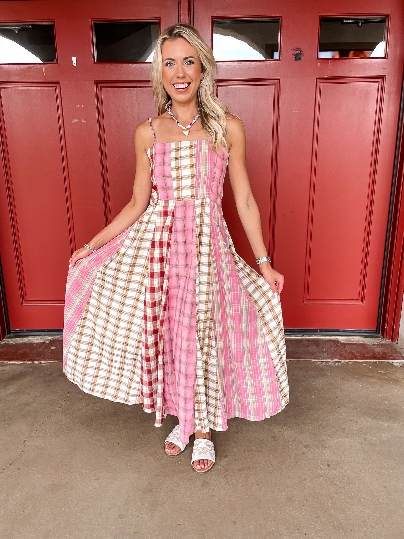 Pieces Of Plaid Dress - Tan/Pink
