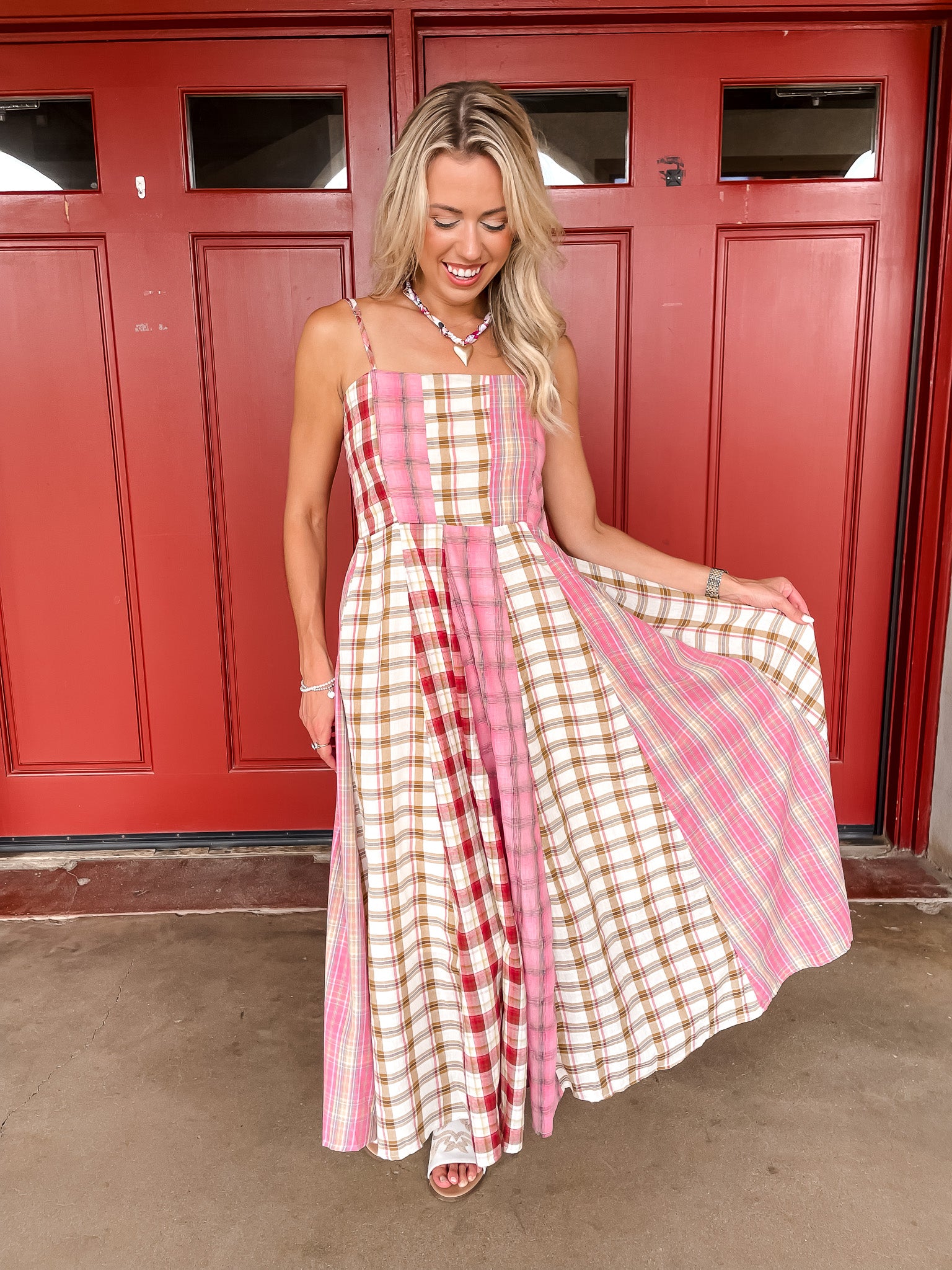 Pieces Of Plaid Dress - Tan/Pink