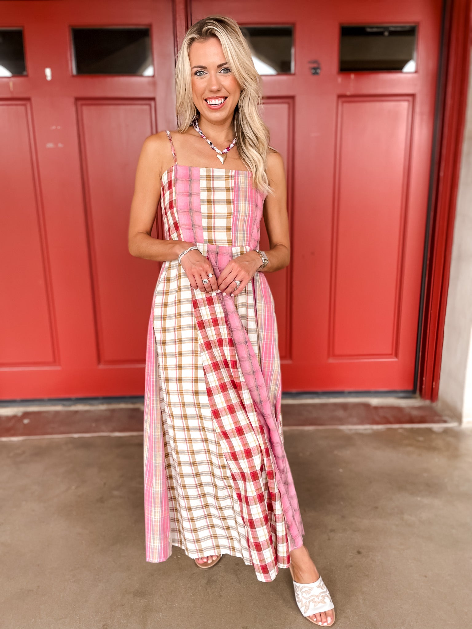 Pieces Of Plaid Dress - Tan/Pink