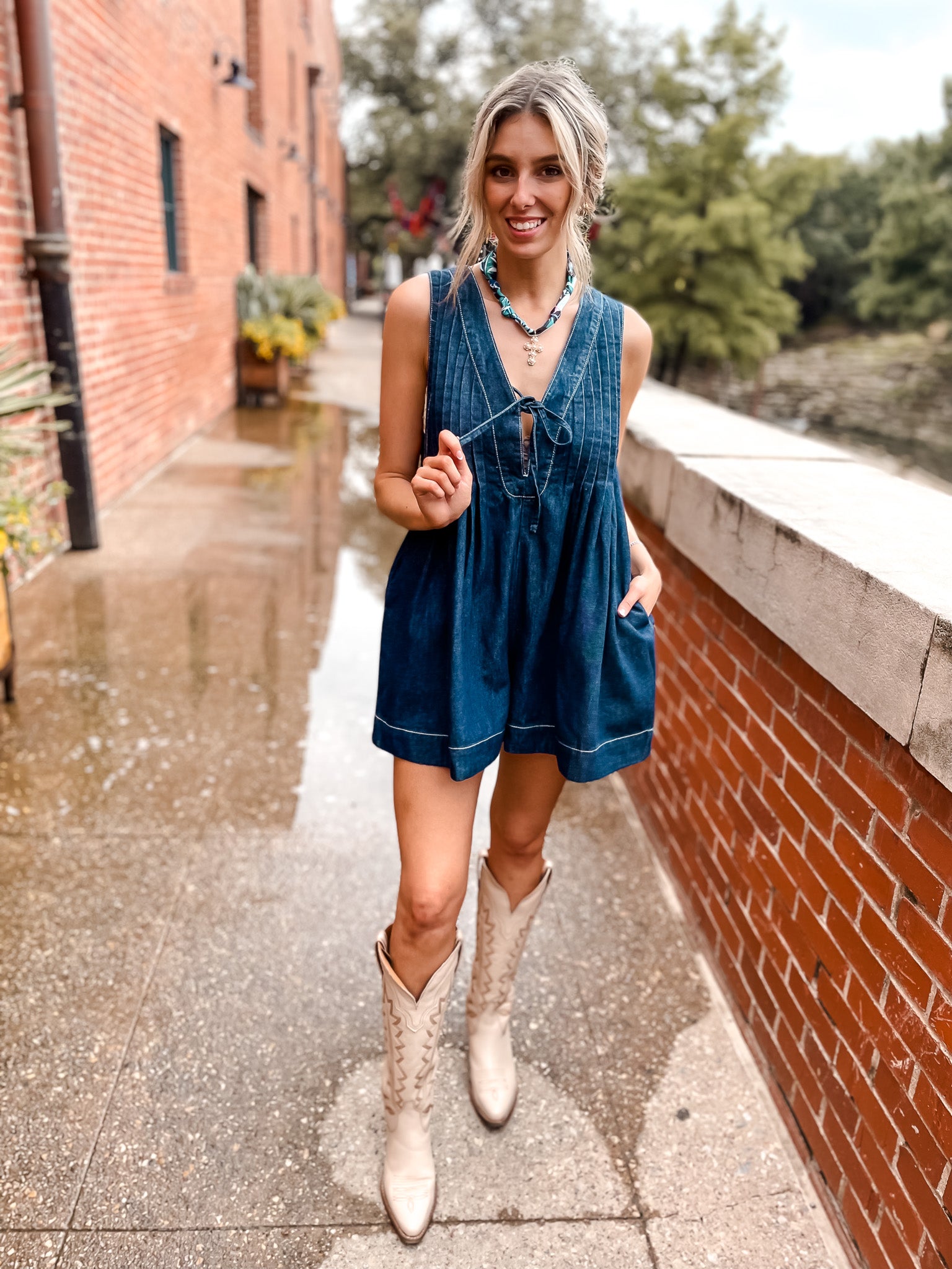 Pleated Denim Romper - Dark Blue