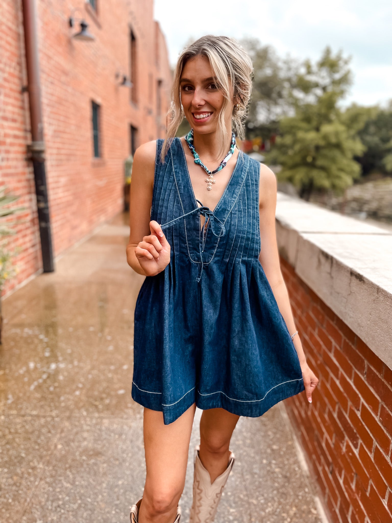 Pleated Denim Romper - Dark Blue