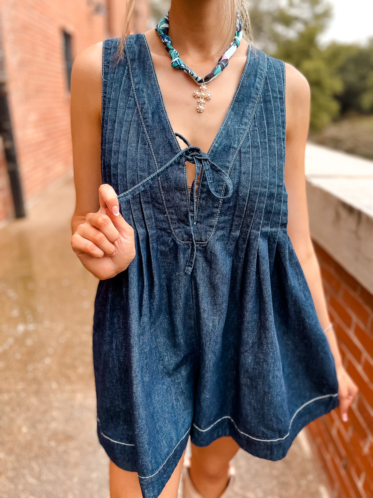 Pleated Denim Romper - Dark Blue