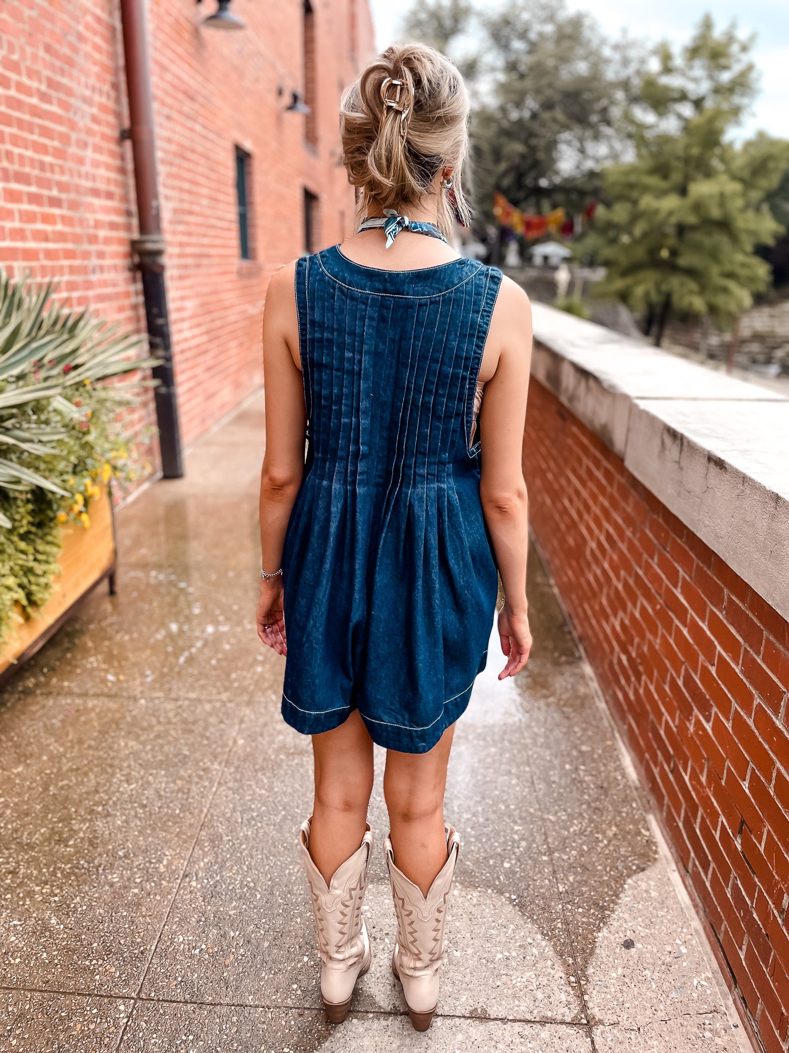 Pleated Denim Romper - Dark Blue