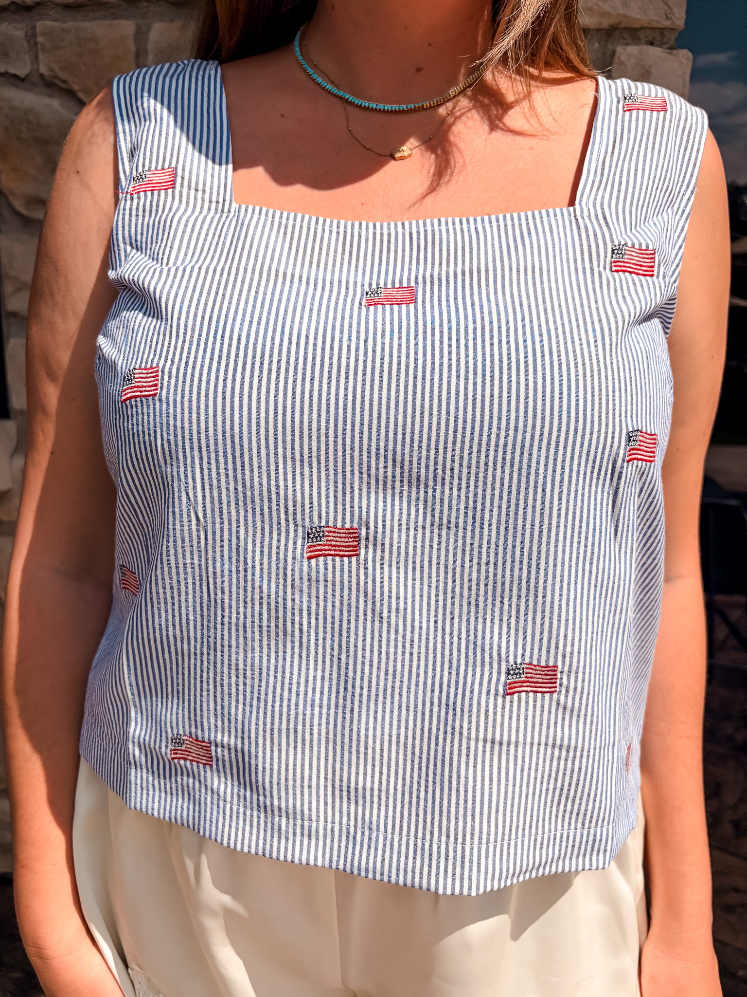 Flag Embroidered Tank Top - Blue