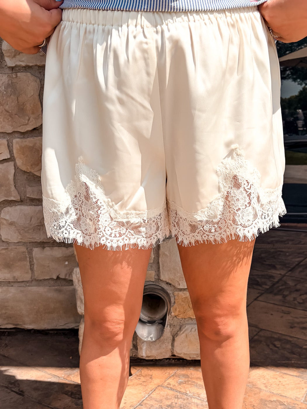 Satin Lace Trim Shorts - Cream