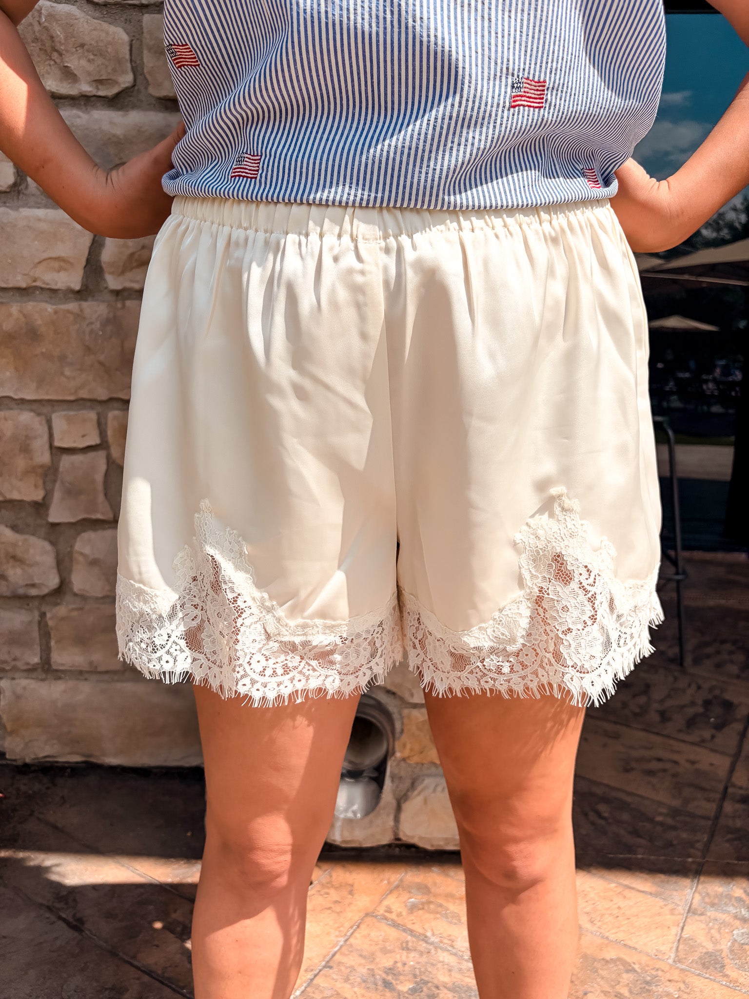 Satin Lace Trim Shorts - Cream