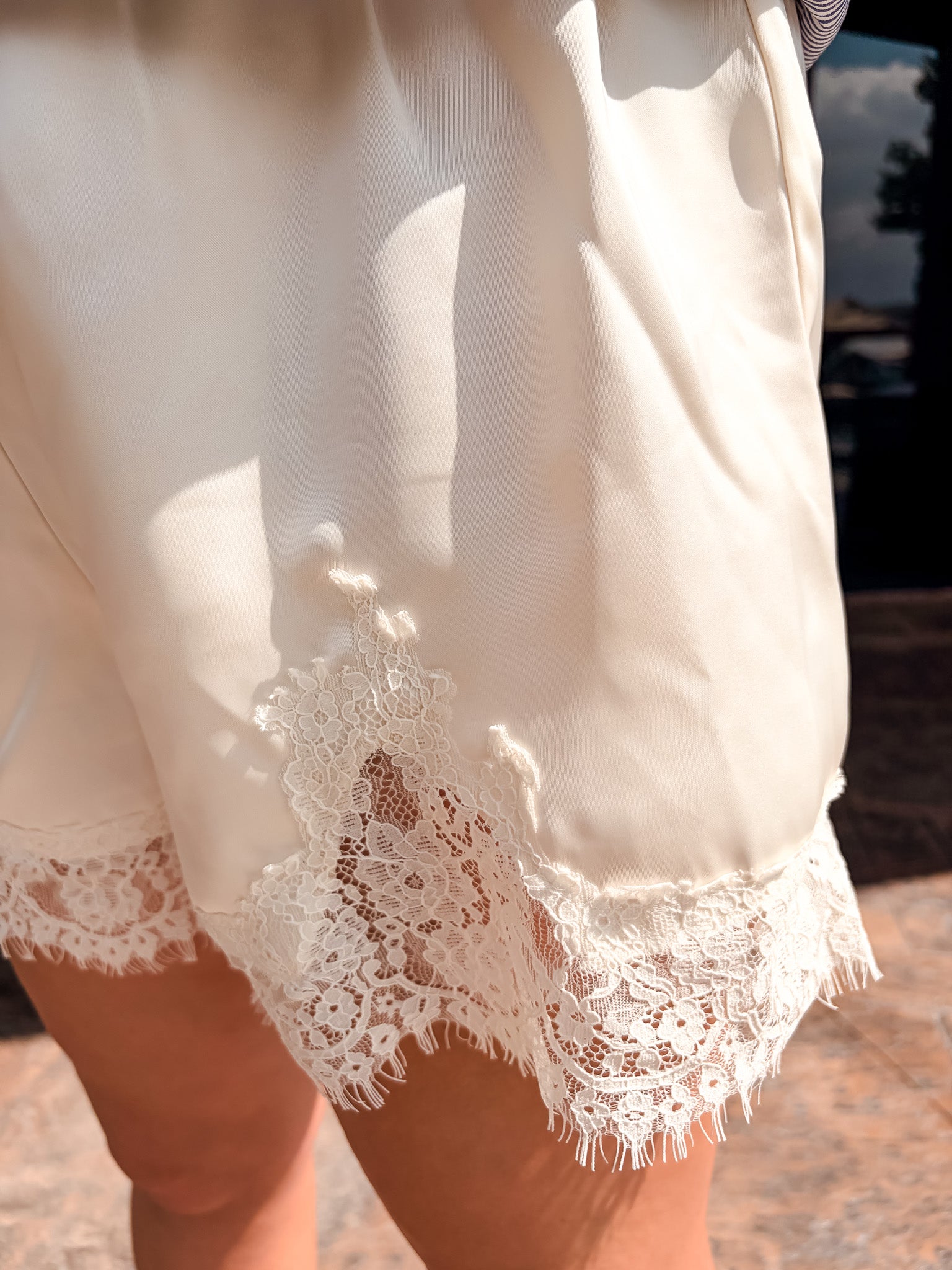 Satin Lace Trim Shorts - Cream