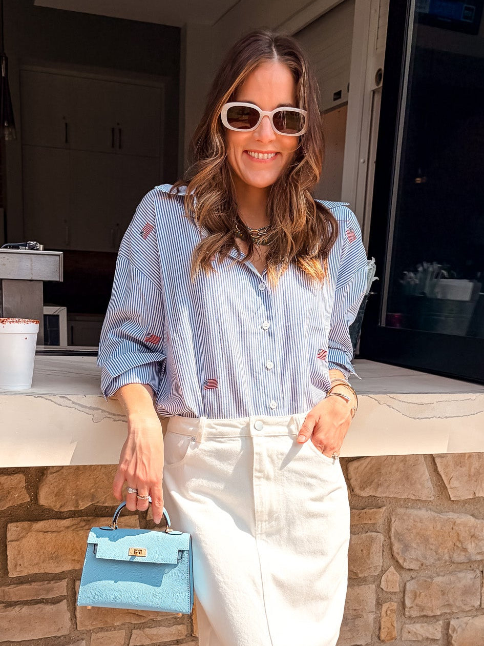 Flag Embroidered Button Up - Blue