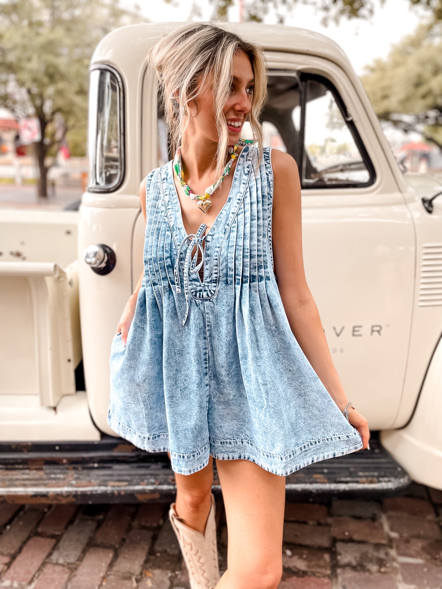 Pleated Denim Romper - Medium Blue