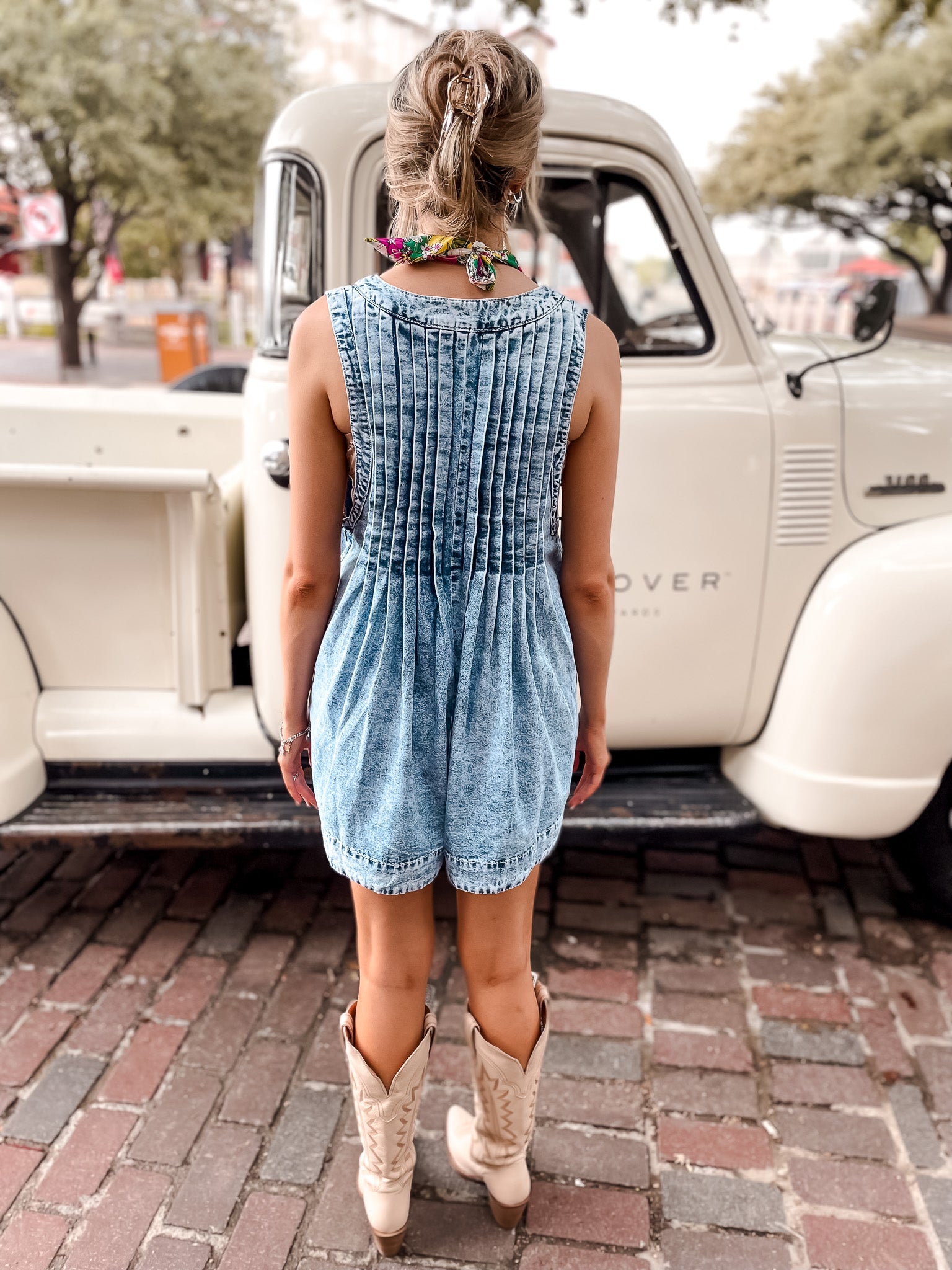 Pleated Denim Romper - Medium Blue
