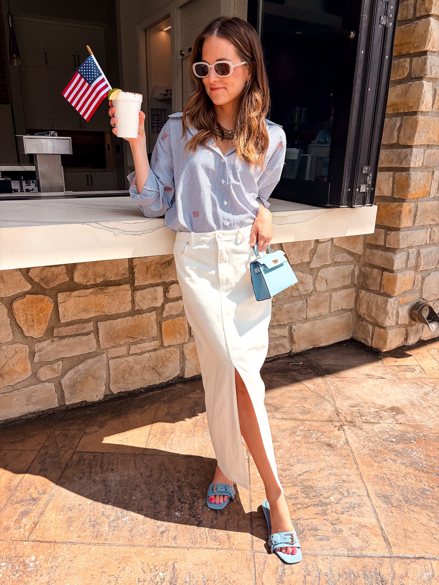 Flag Embroidered Button Up - Blue