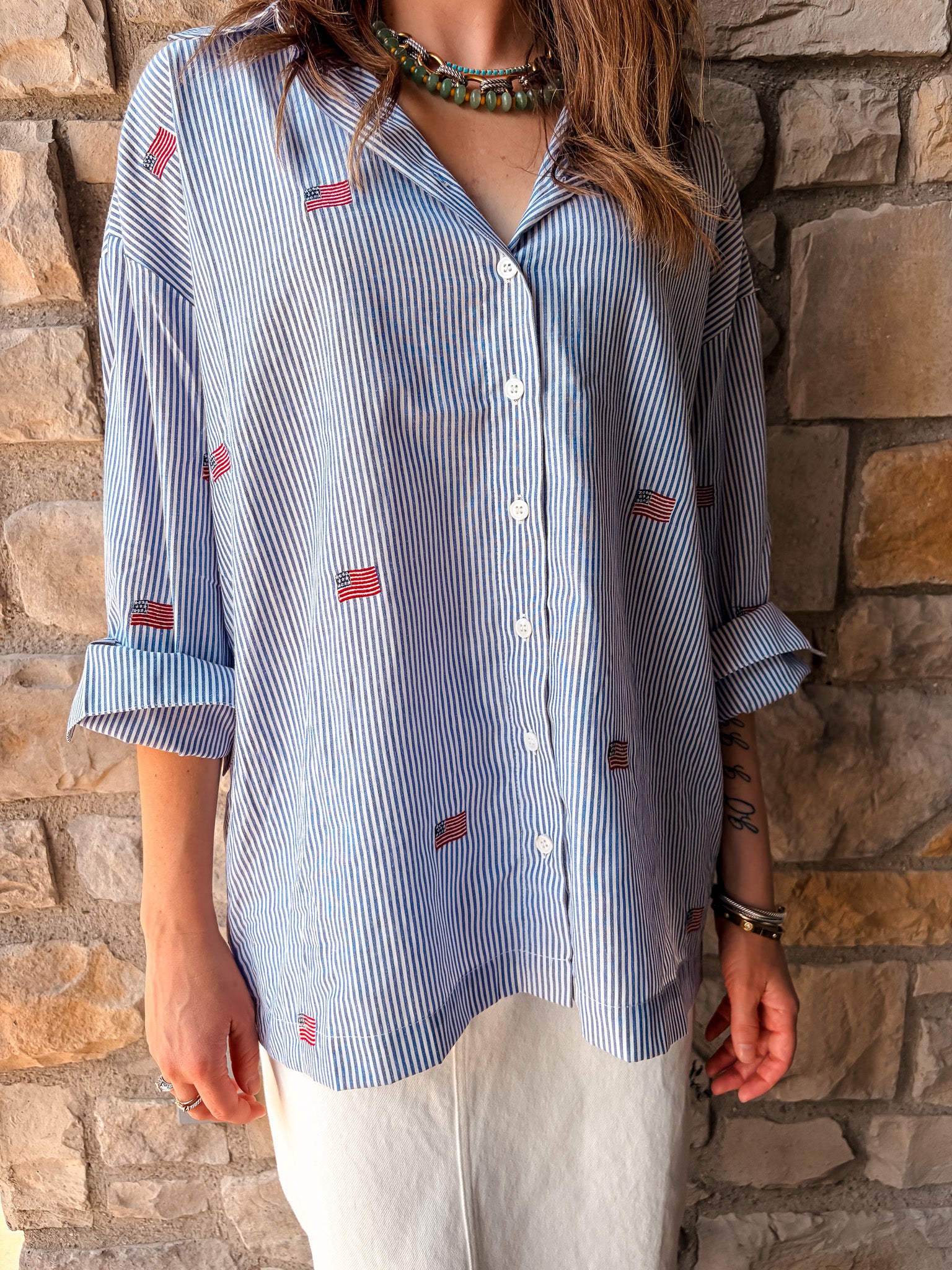 Flag Embroidered Button Up - Blue