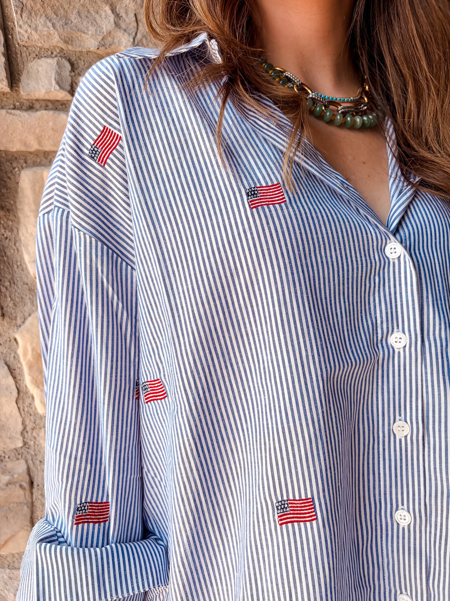 Flag Embroidered Button Up - Blue