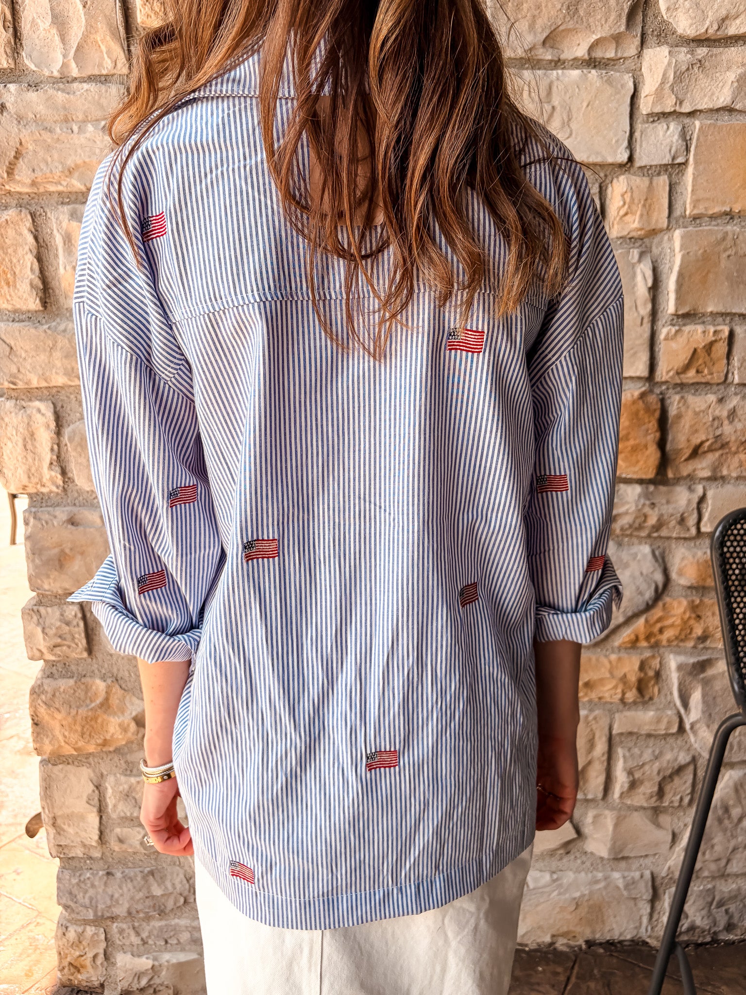 Flag Embroidered Button Up - Blue