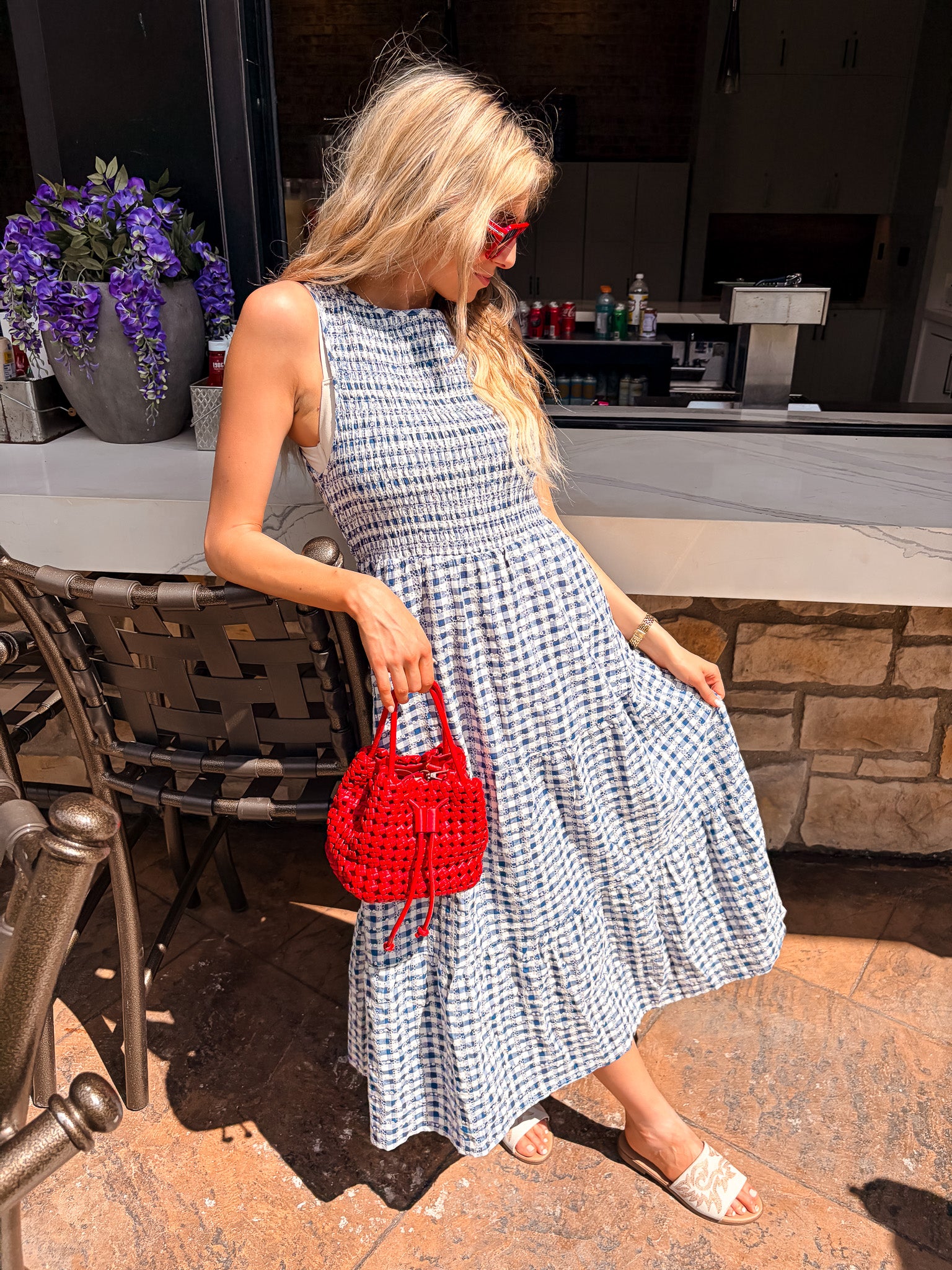 Gingham Eyelet Dress - Navy