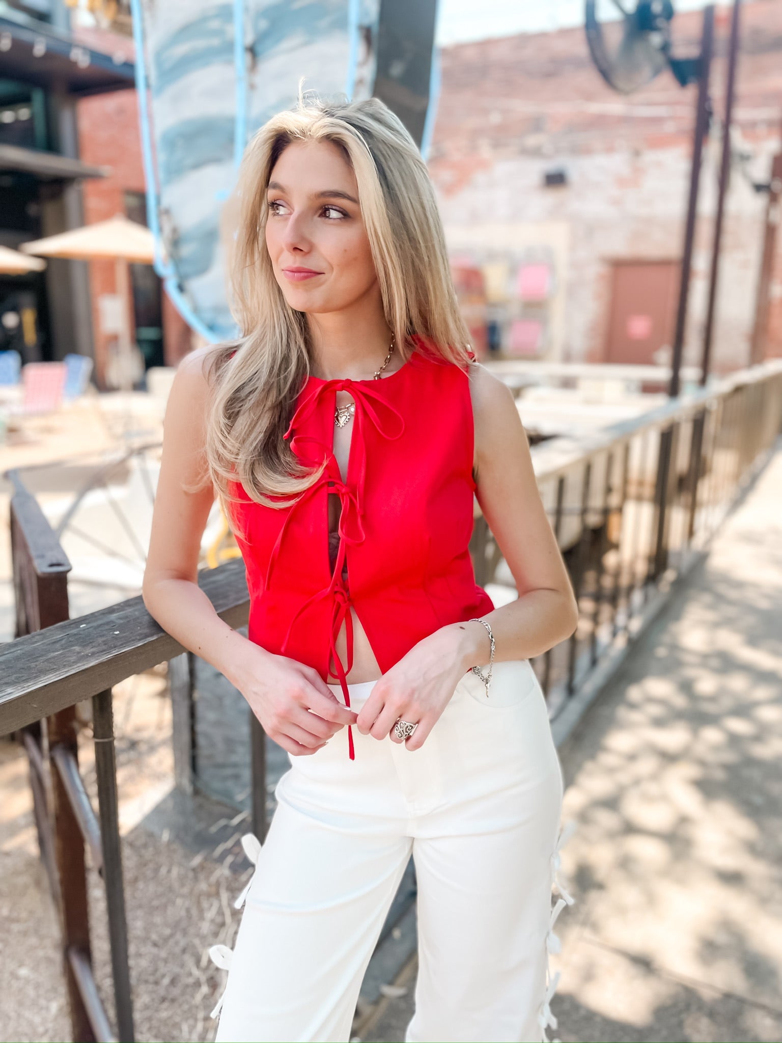 Denim Triple Tie Vest - Red