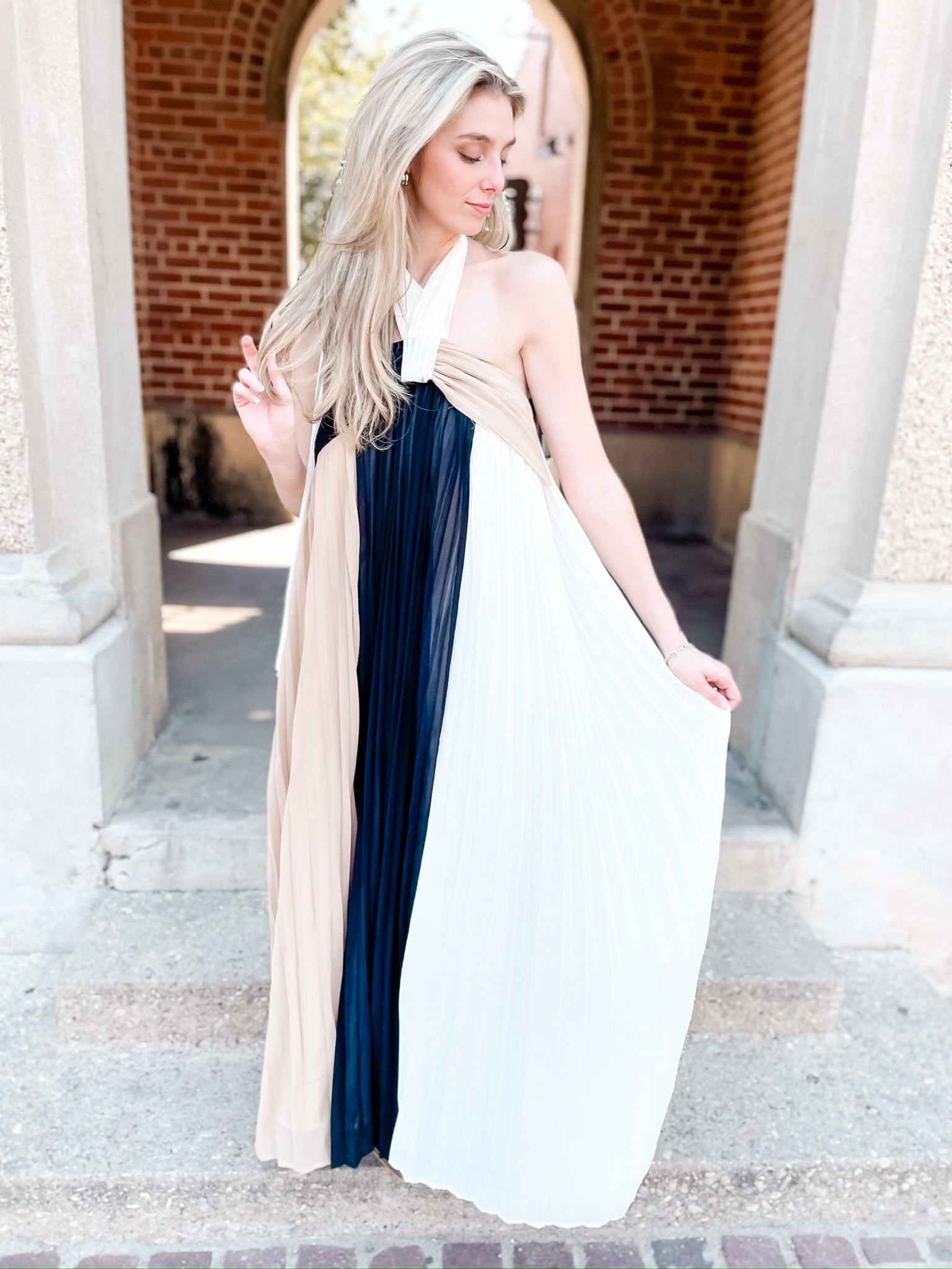Pleats X Three Dress - Ivory/Taupe/Black