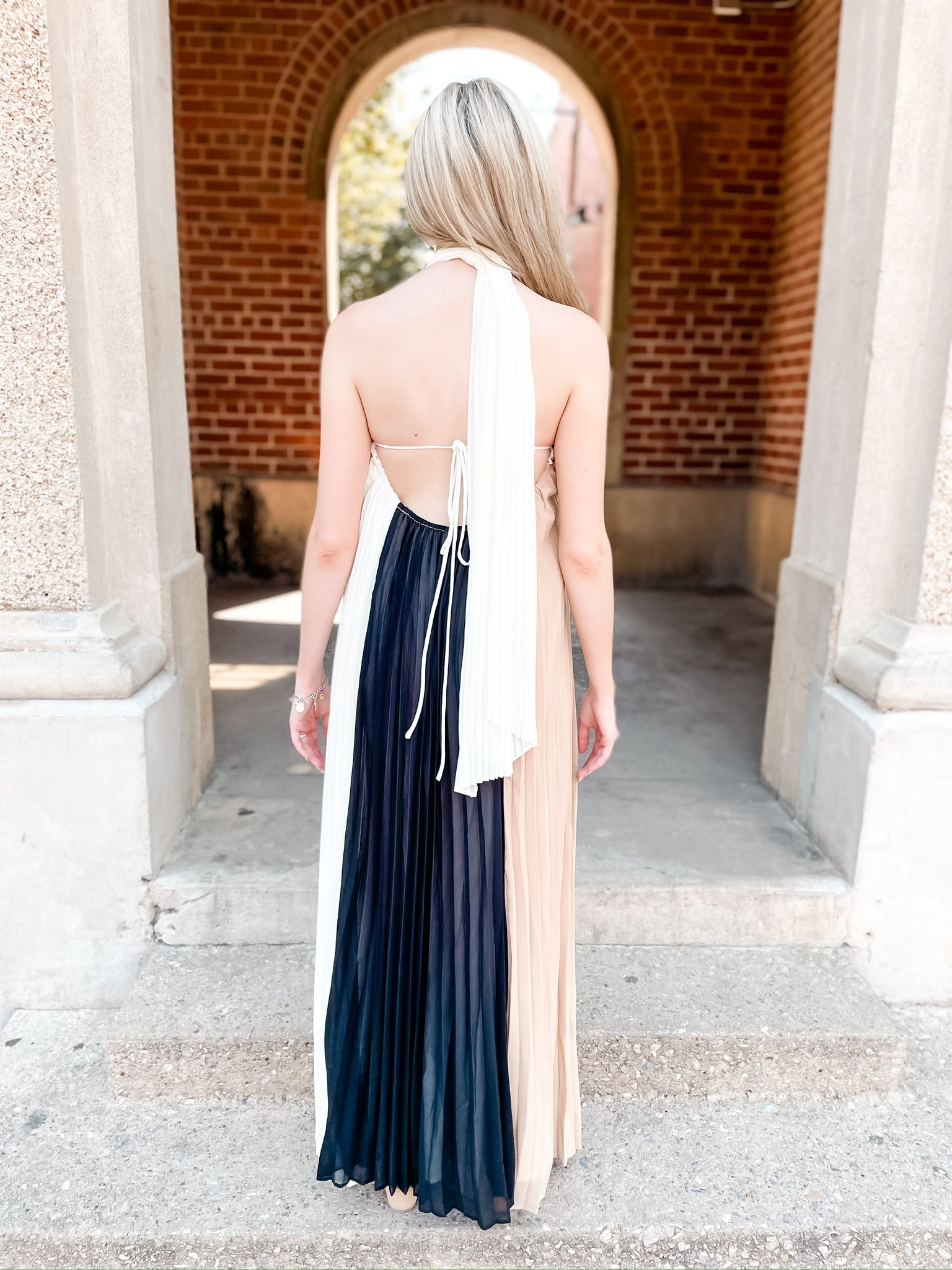 Pleats X Three Dress - Ivory/Taupe/Black