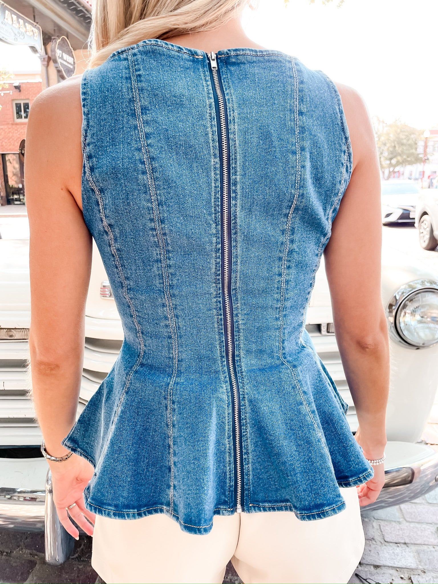 Denim Peplum Top - Tucker Brown