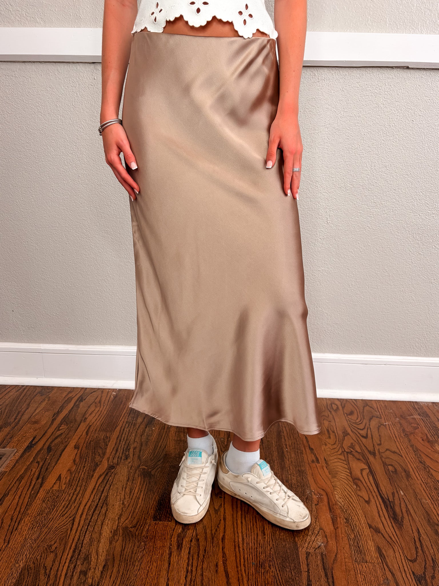 Leyla Satin Midi Skirt - Light Taupe