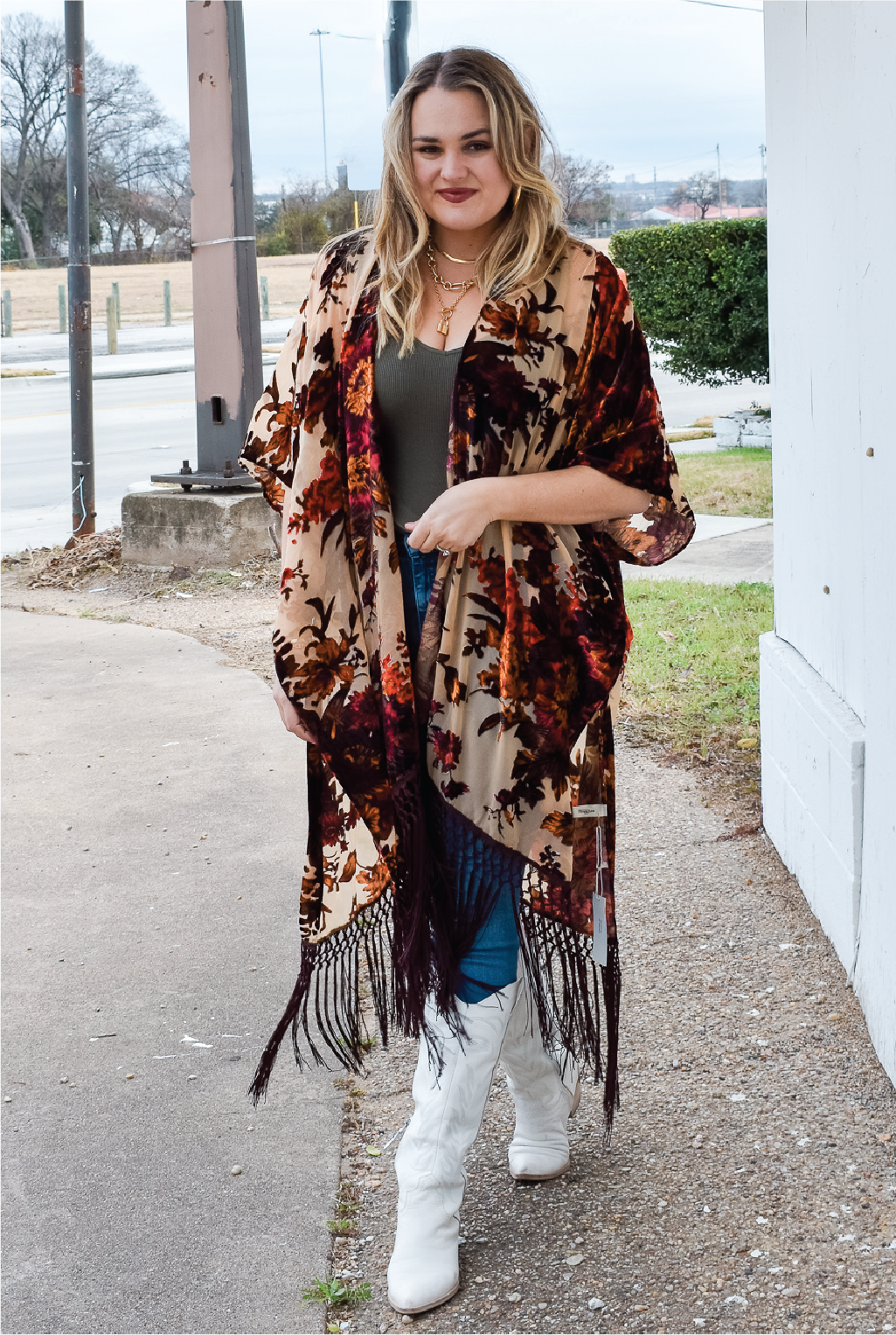 Velvet Burnout Kimono - Beige - Tucker Brown