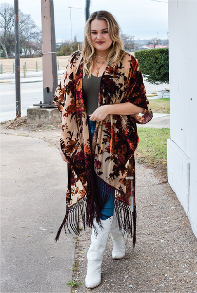 Velvet Burnout Kimono - Beige - Tucker Brown