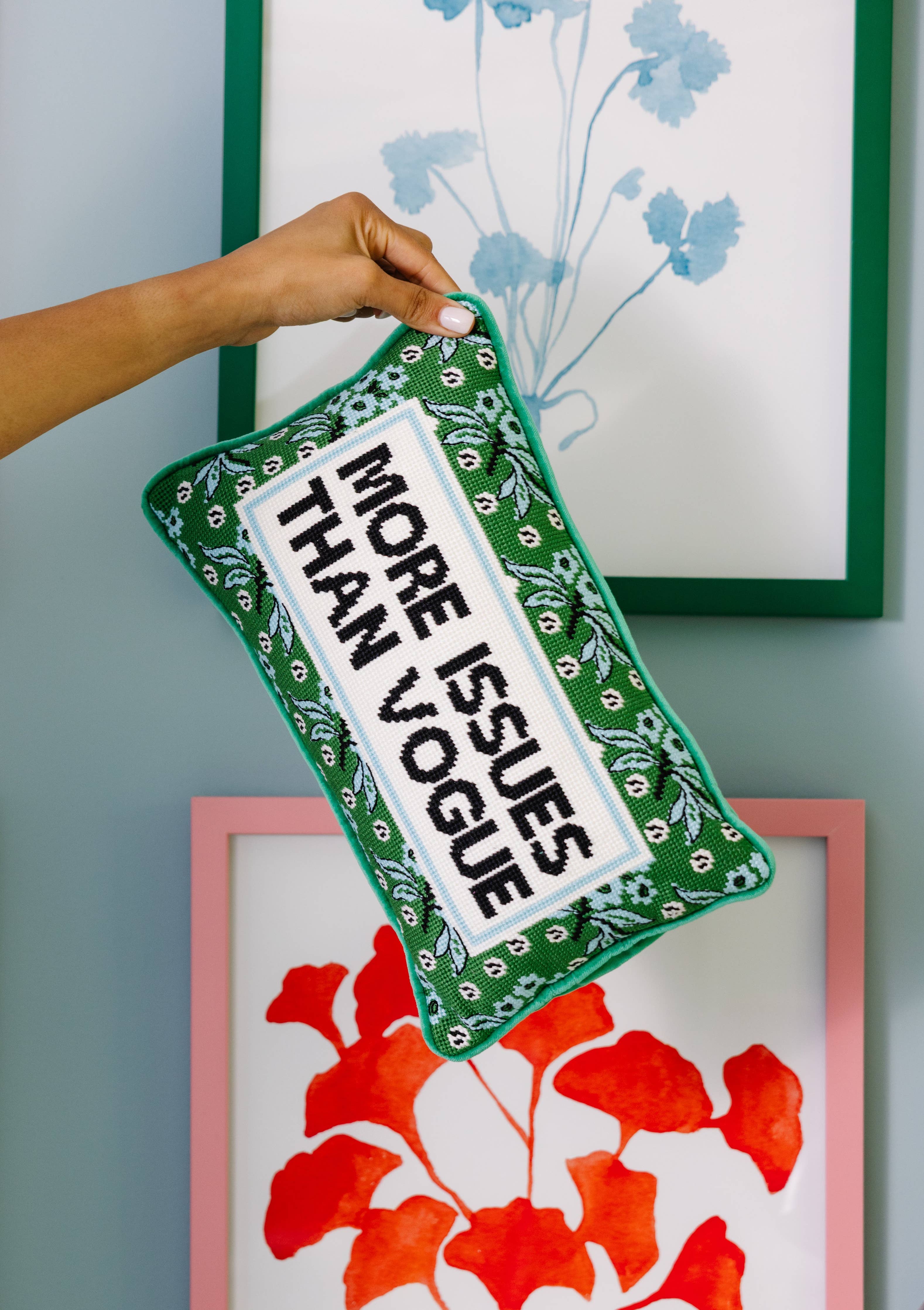 More Issues Needlepoint Pillow