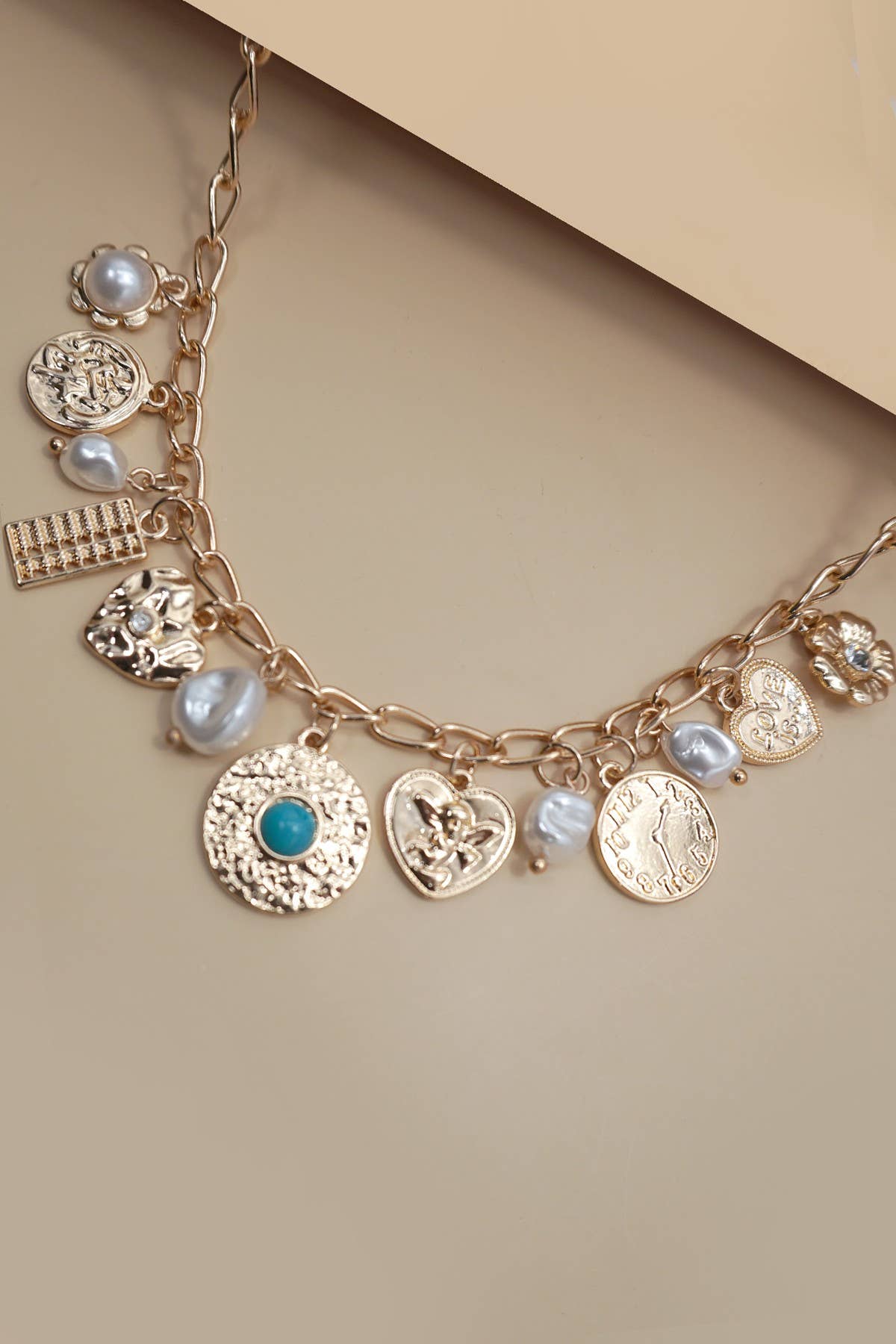 Turquoise Coin & Pearl Charm Necklace
