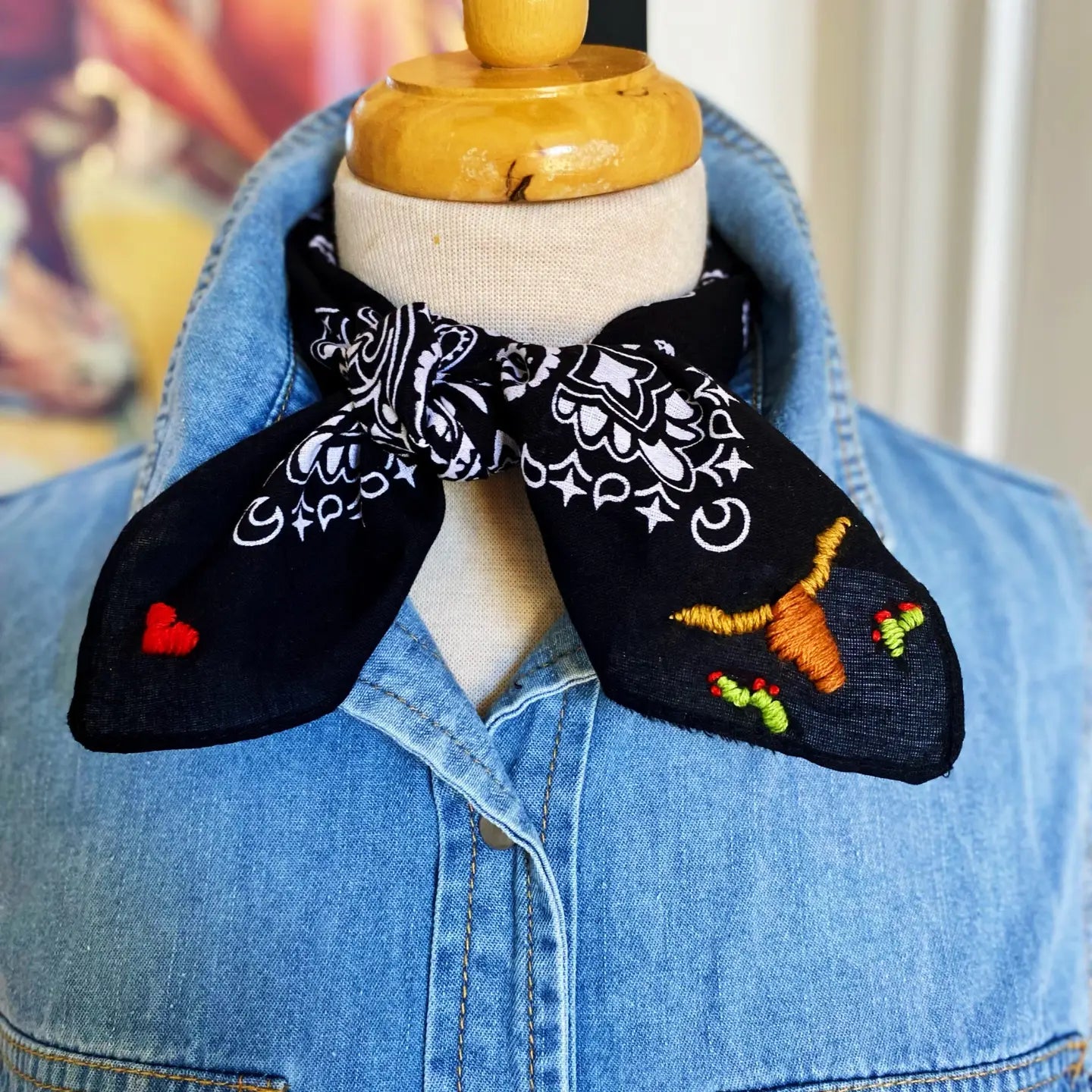 Cattle Call Hand Embroidered Bandana - Black
