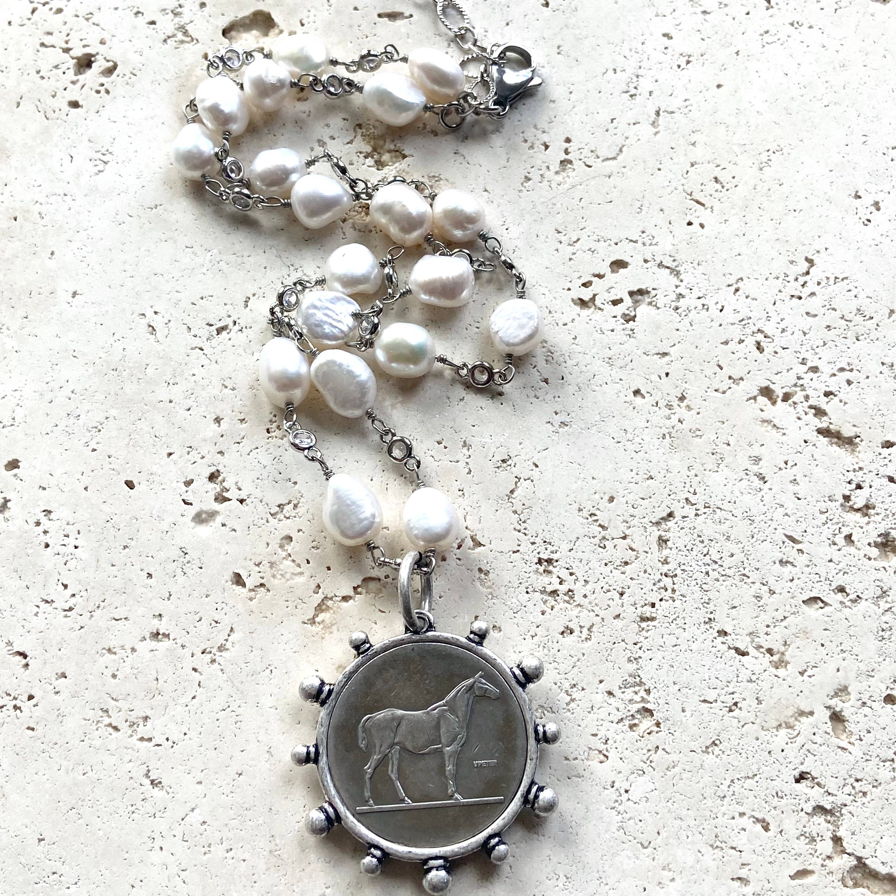 Freshwater Pearl Horse Coin Necklace - Silver