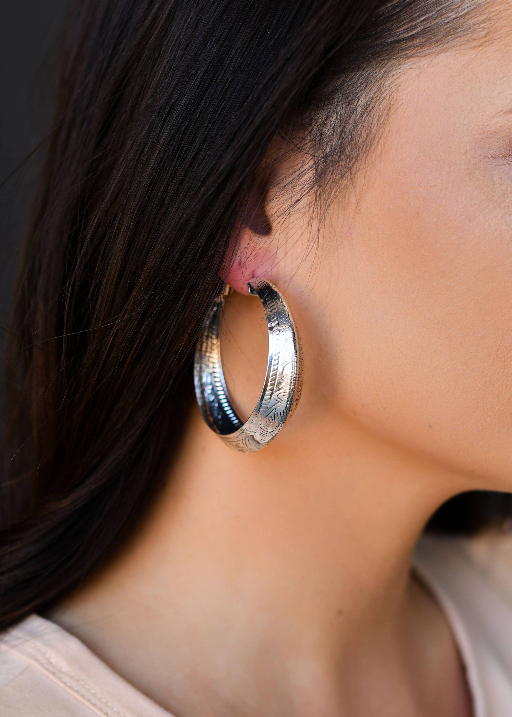 Burnished Tooled Hoop Earring - Silver