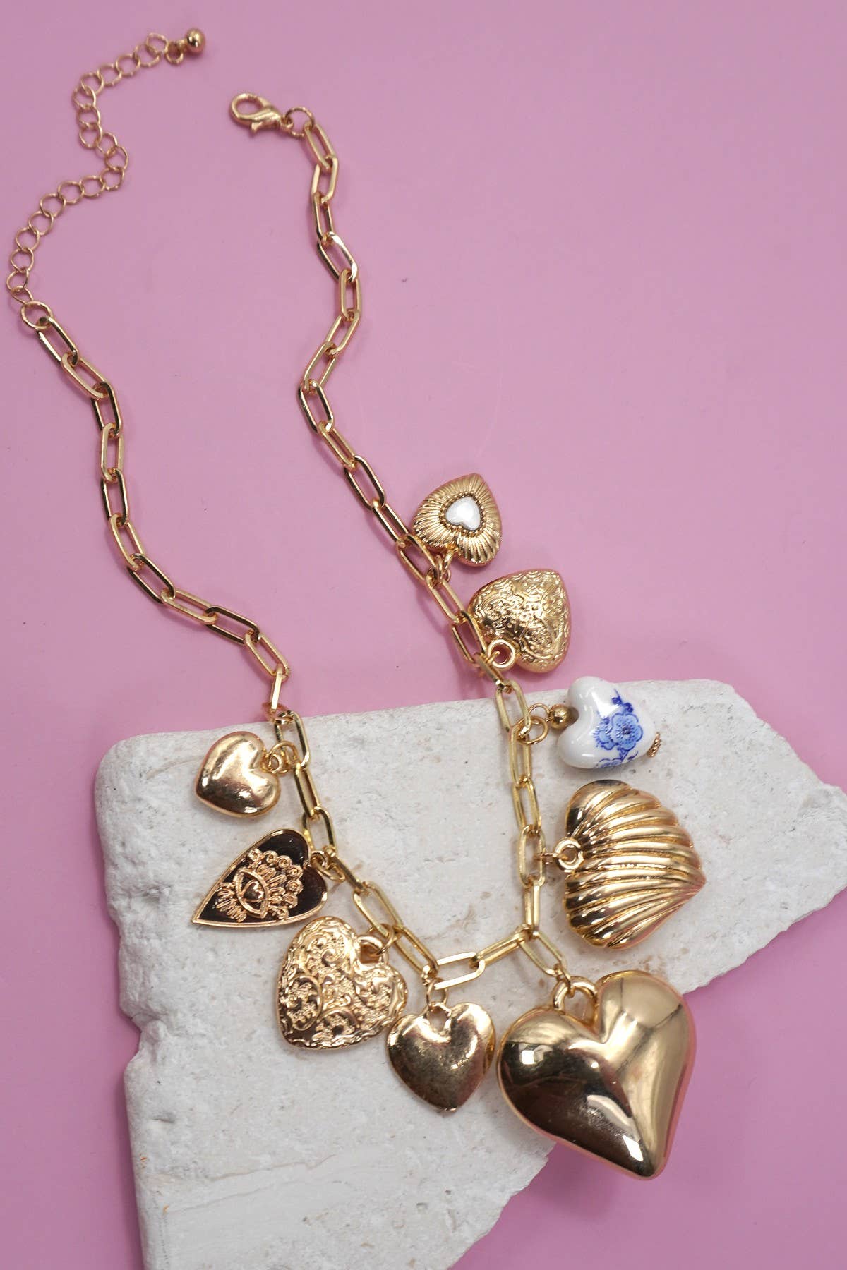 Hearts + Porcelain Blue Charm Necklace