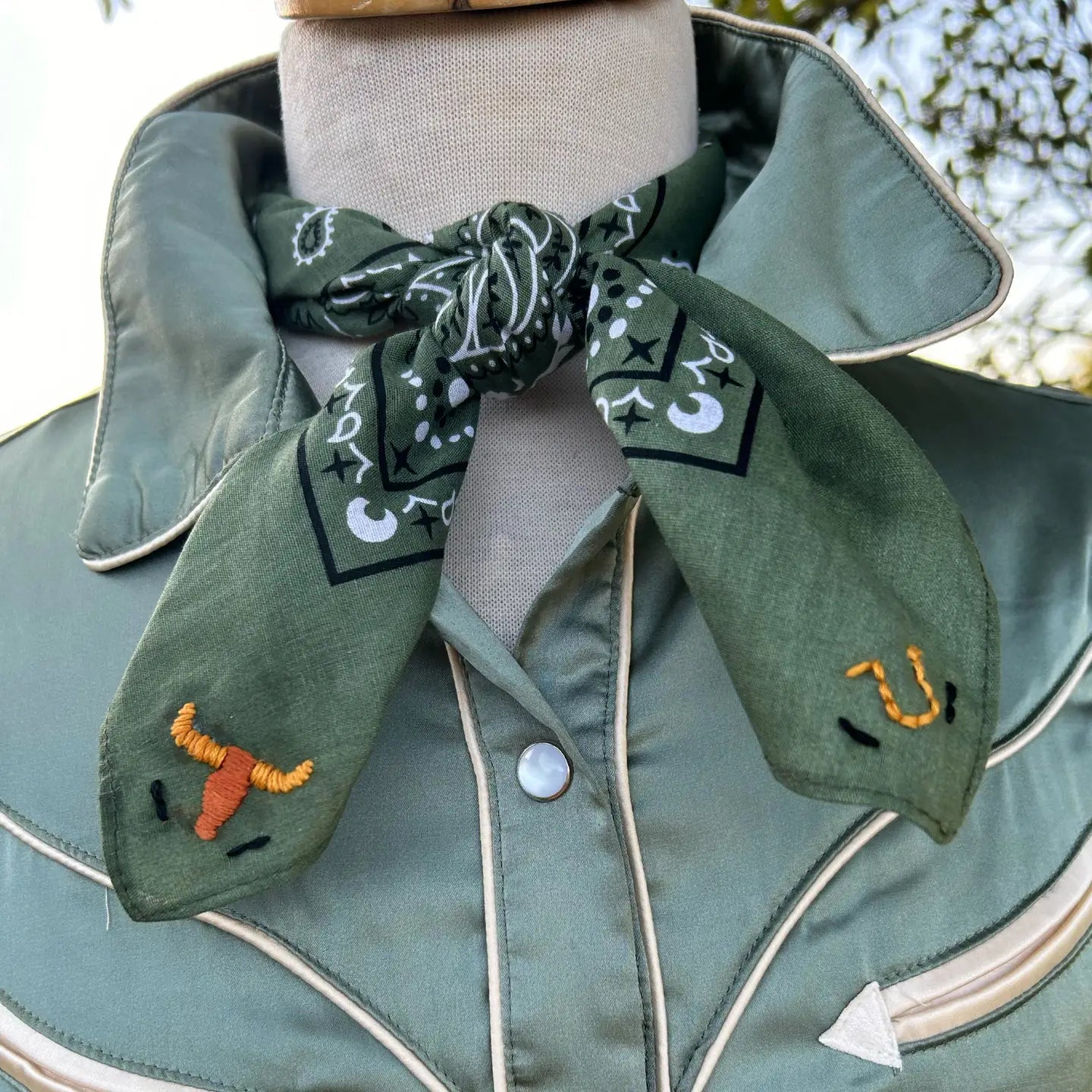 Round Up Hand Embroidered Bandana - Green