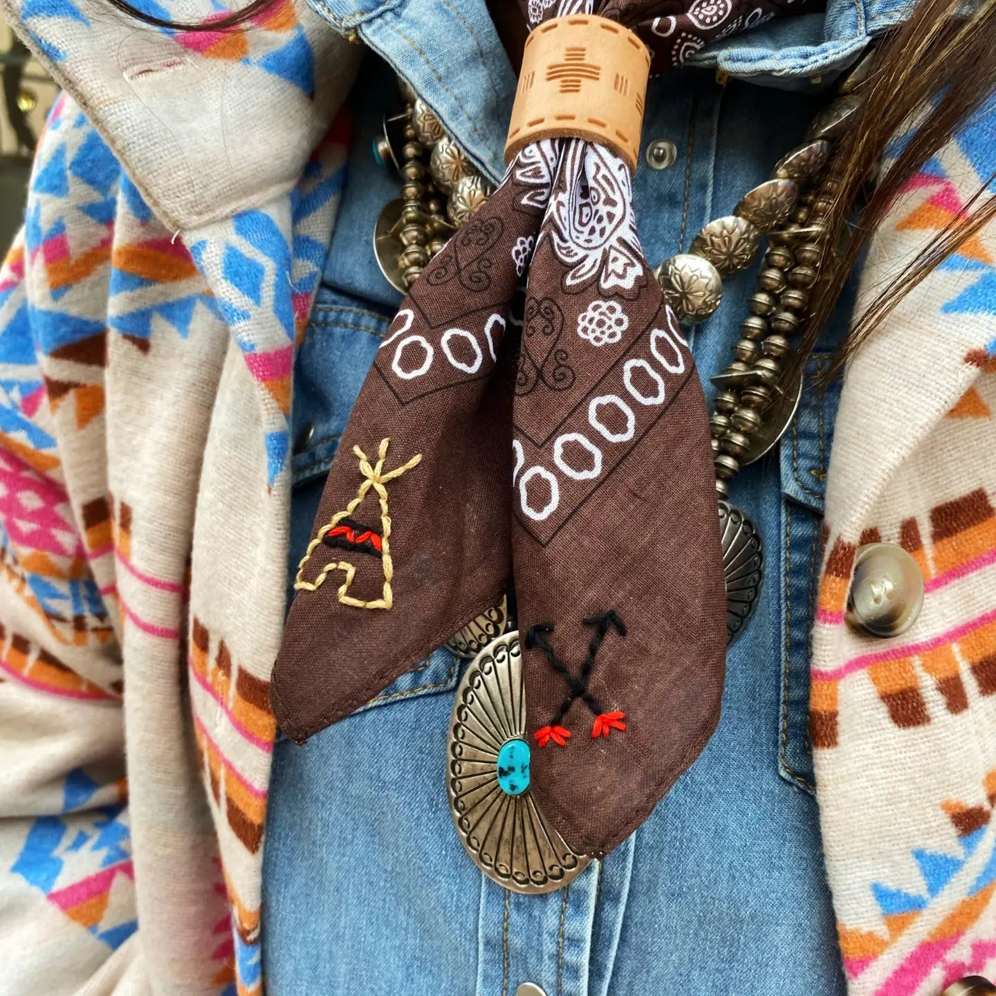 Taos Hand Embroidered Bandana - Brown