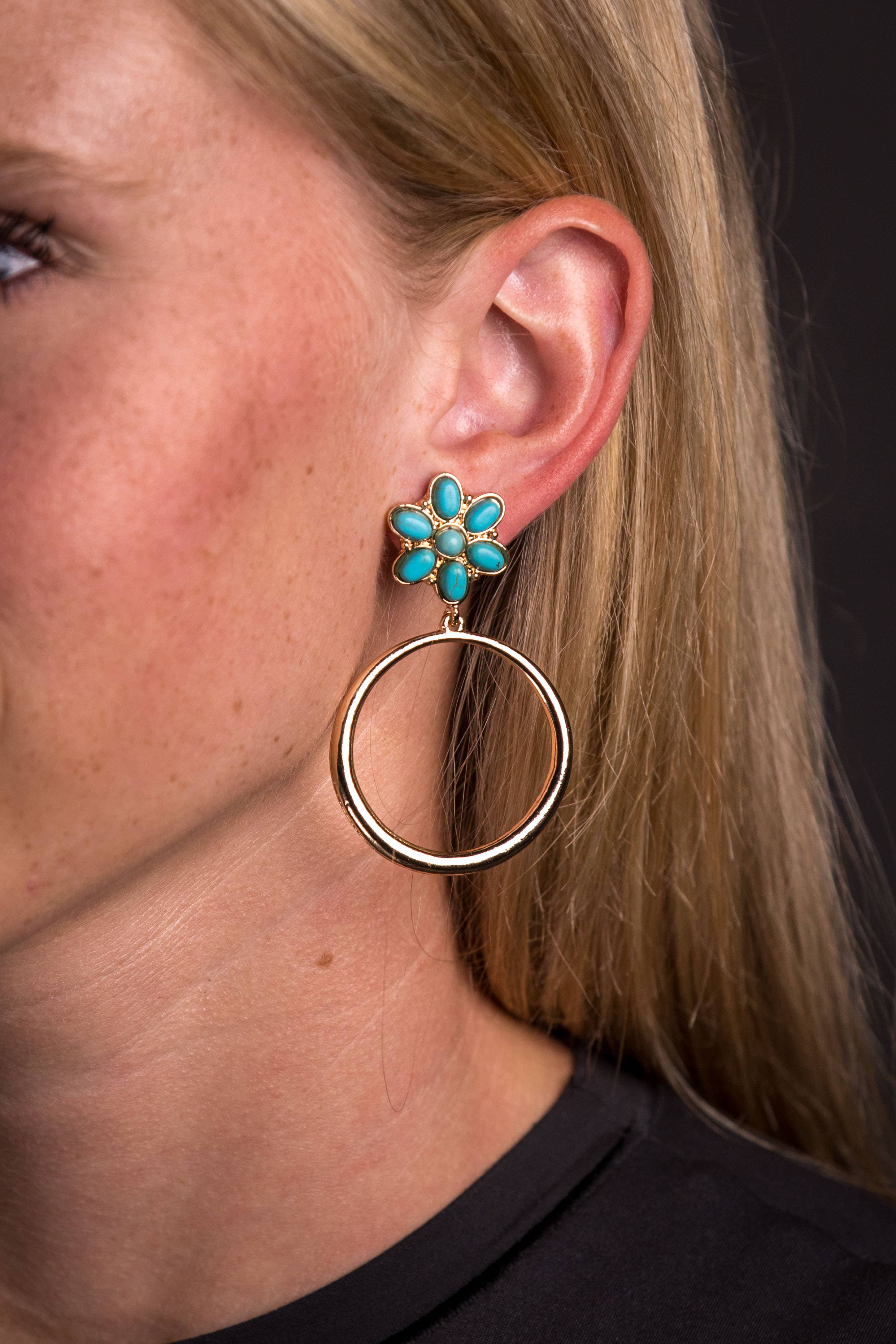 Turquoise Flower Post Hoop Earring - Gold