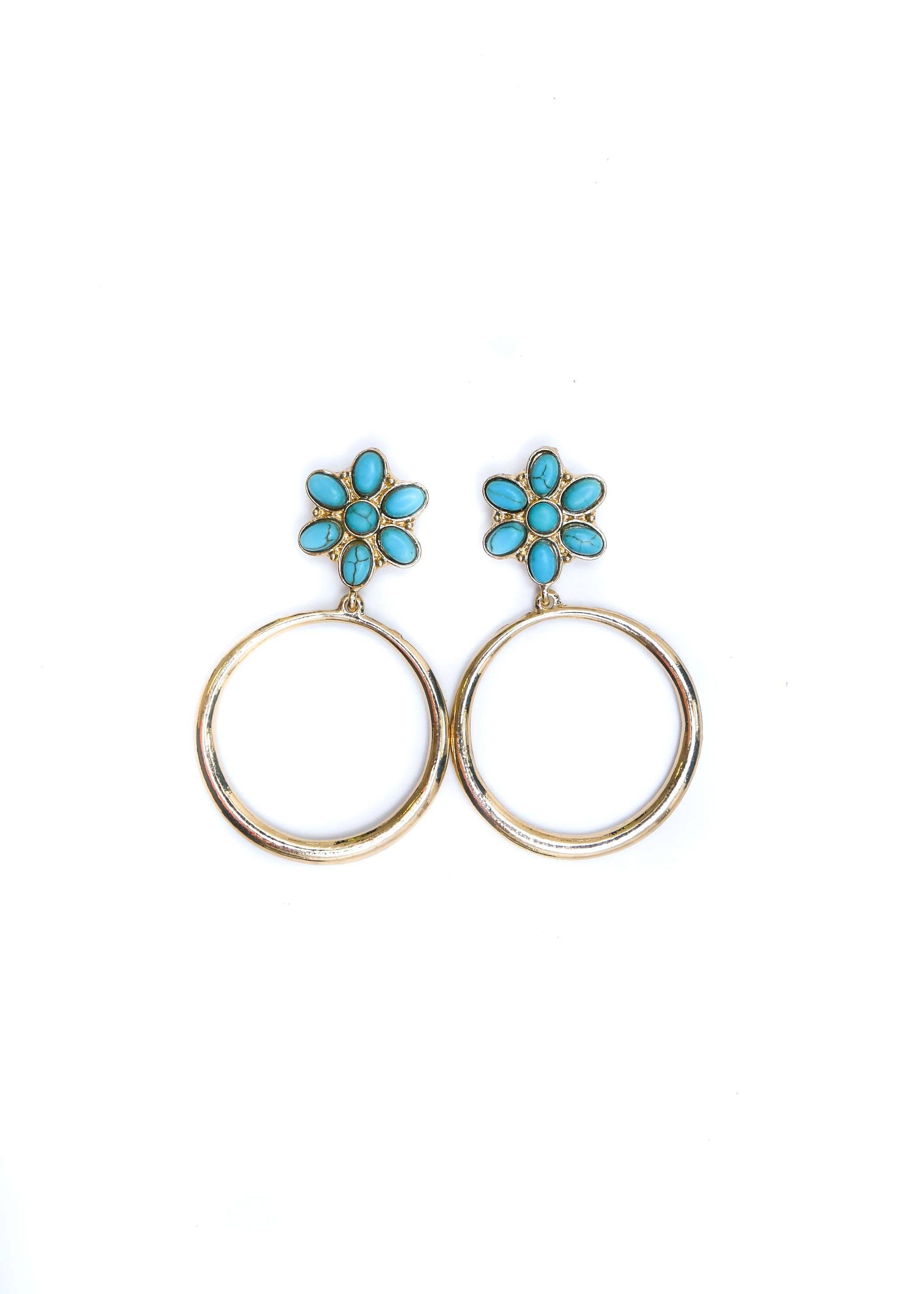 Turquoise Flower Post Hoop Earring - Gold