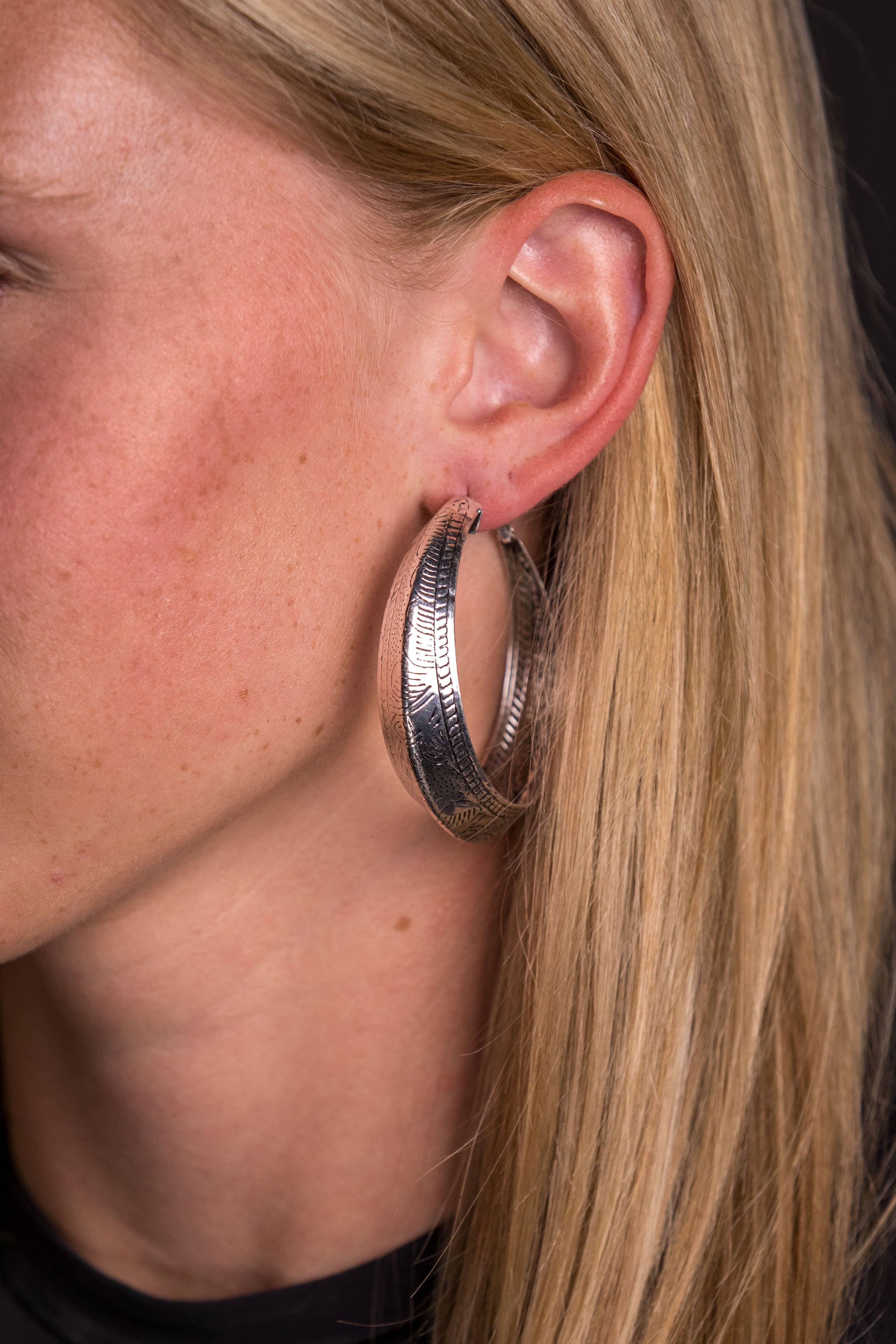 Burnished Tooled Hoop Earring - Silver