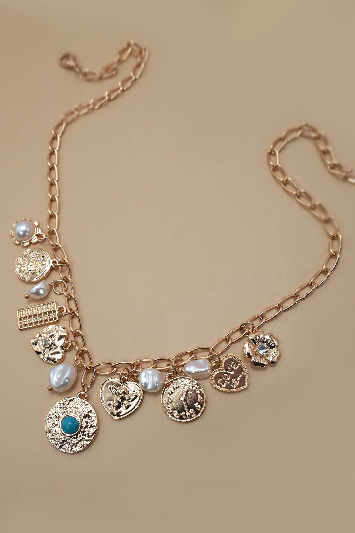 Turquoise Coin & Pearl Charm Necklace