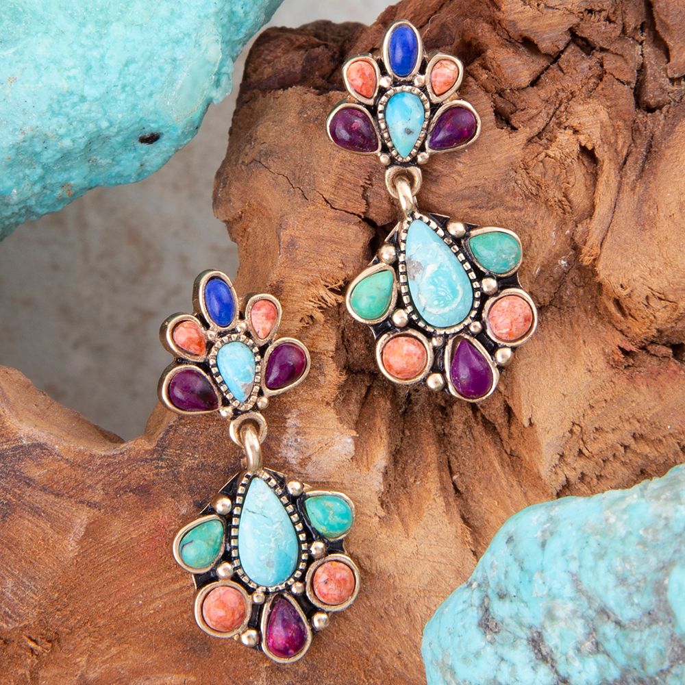 Concho Colorful Double Golden Drop Earrings - Tucker Brown