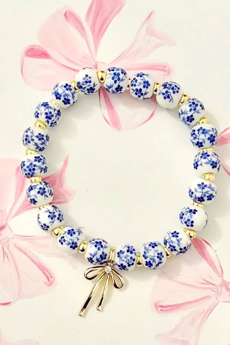 Blue Porcelain Beaded Bow Bracelet